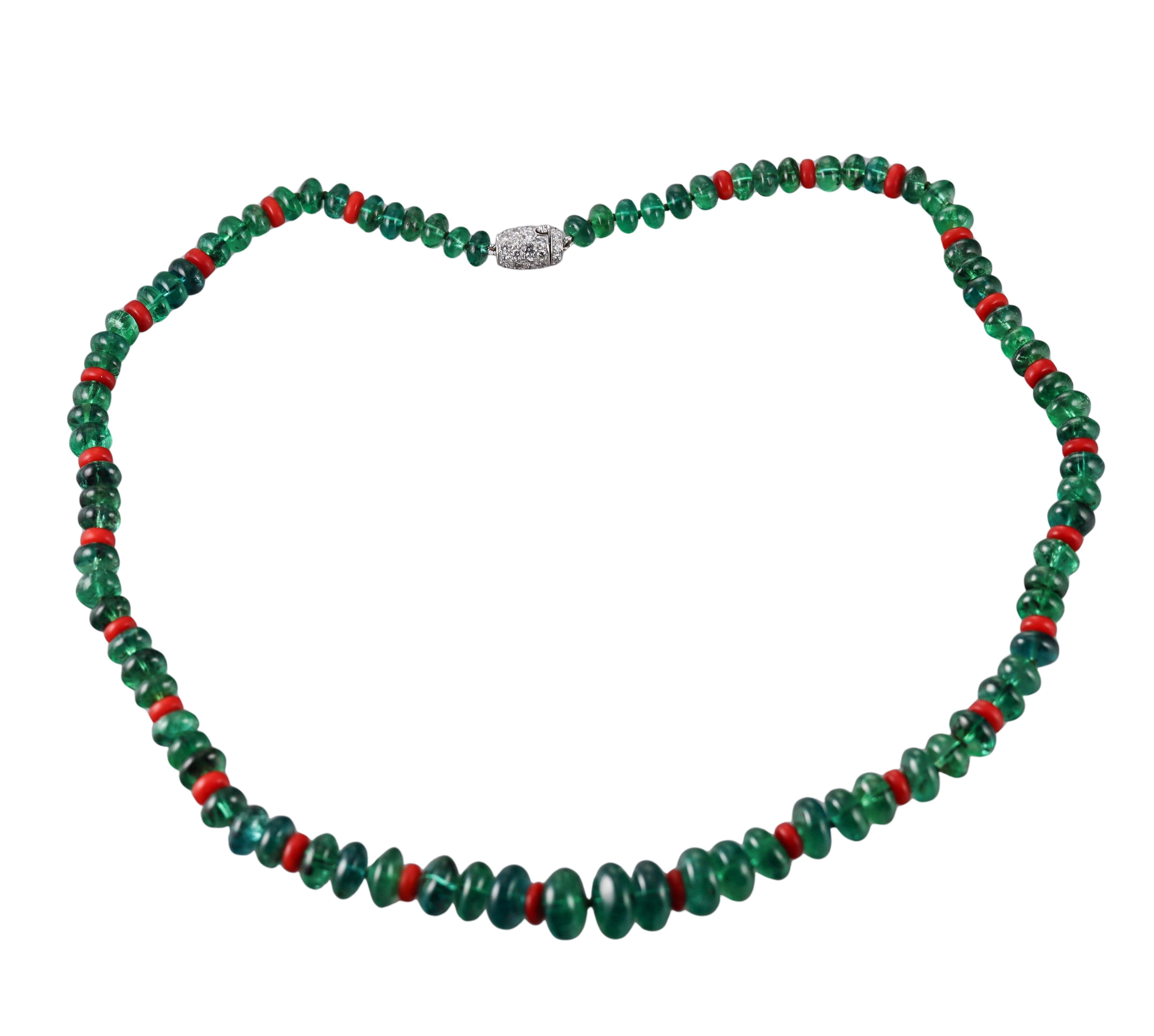 Platinum Diamond Coral and Emerald Bead Necklace For Sale 1
