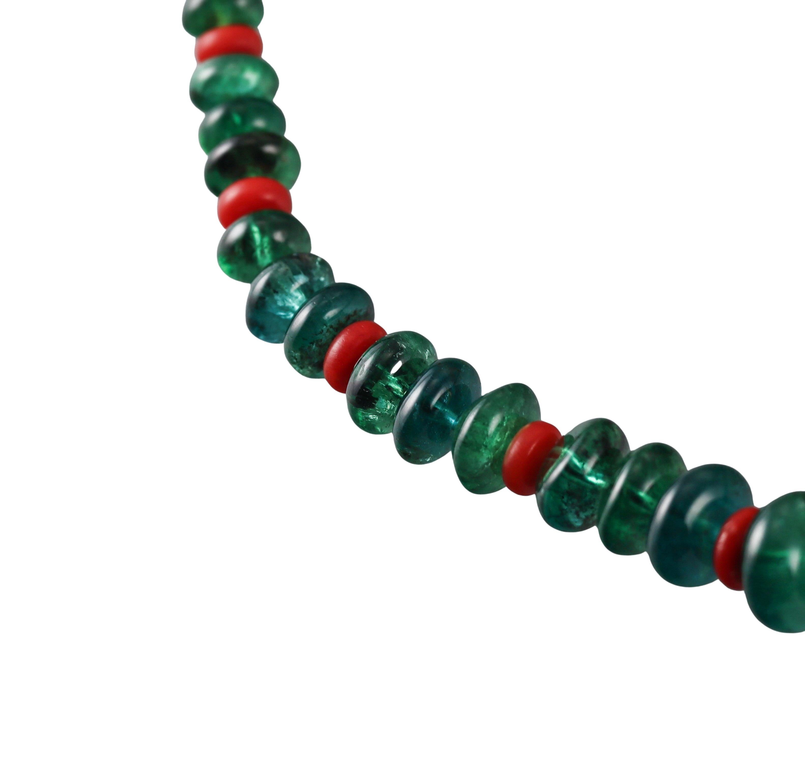 Platinum Diamond Coral and Emerald Bead Necklace For Sale 2