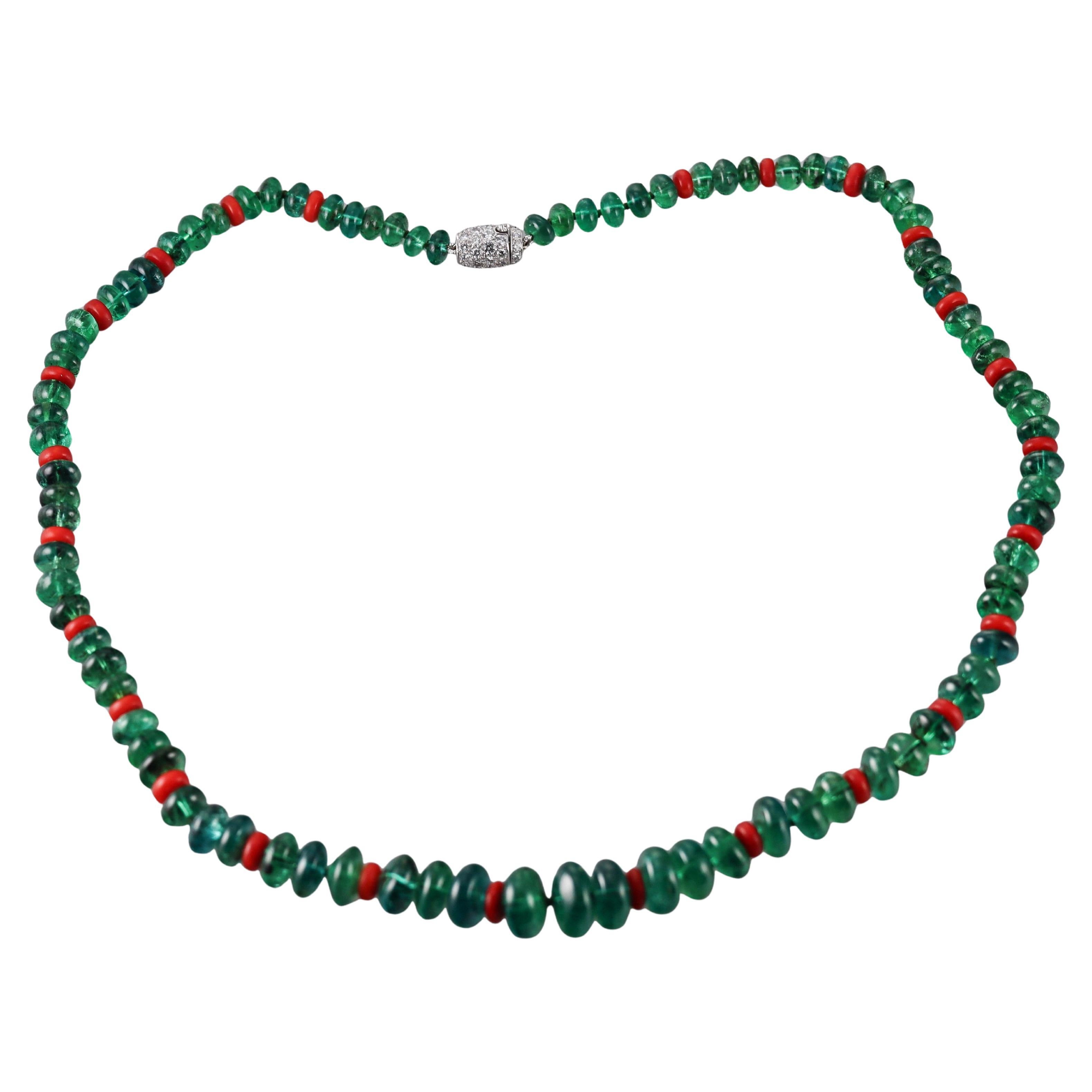 Platinum Diamond Coral and Emerald Bead Necklace