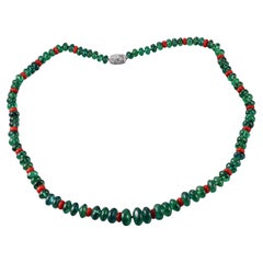 Platinum Diamond Coral and Emerald Bead Necklace
