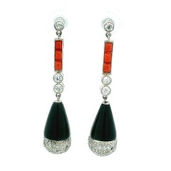 Platinum Diamond, Coral and Onyx Art Deco Revival Drop Earrings