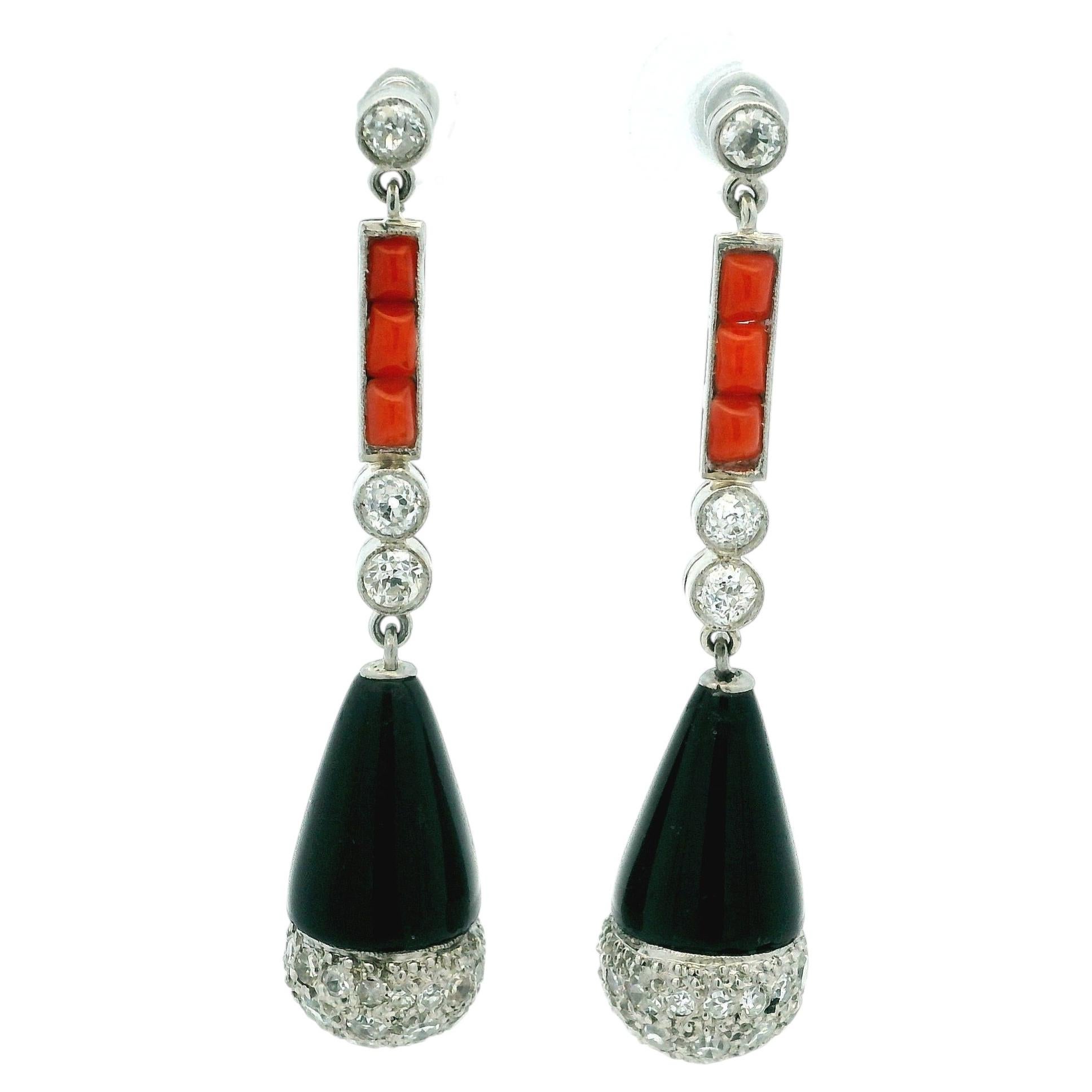 Pendientes Gota Renacimiento Art Déco Platino Diamante, Coral y Ónice