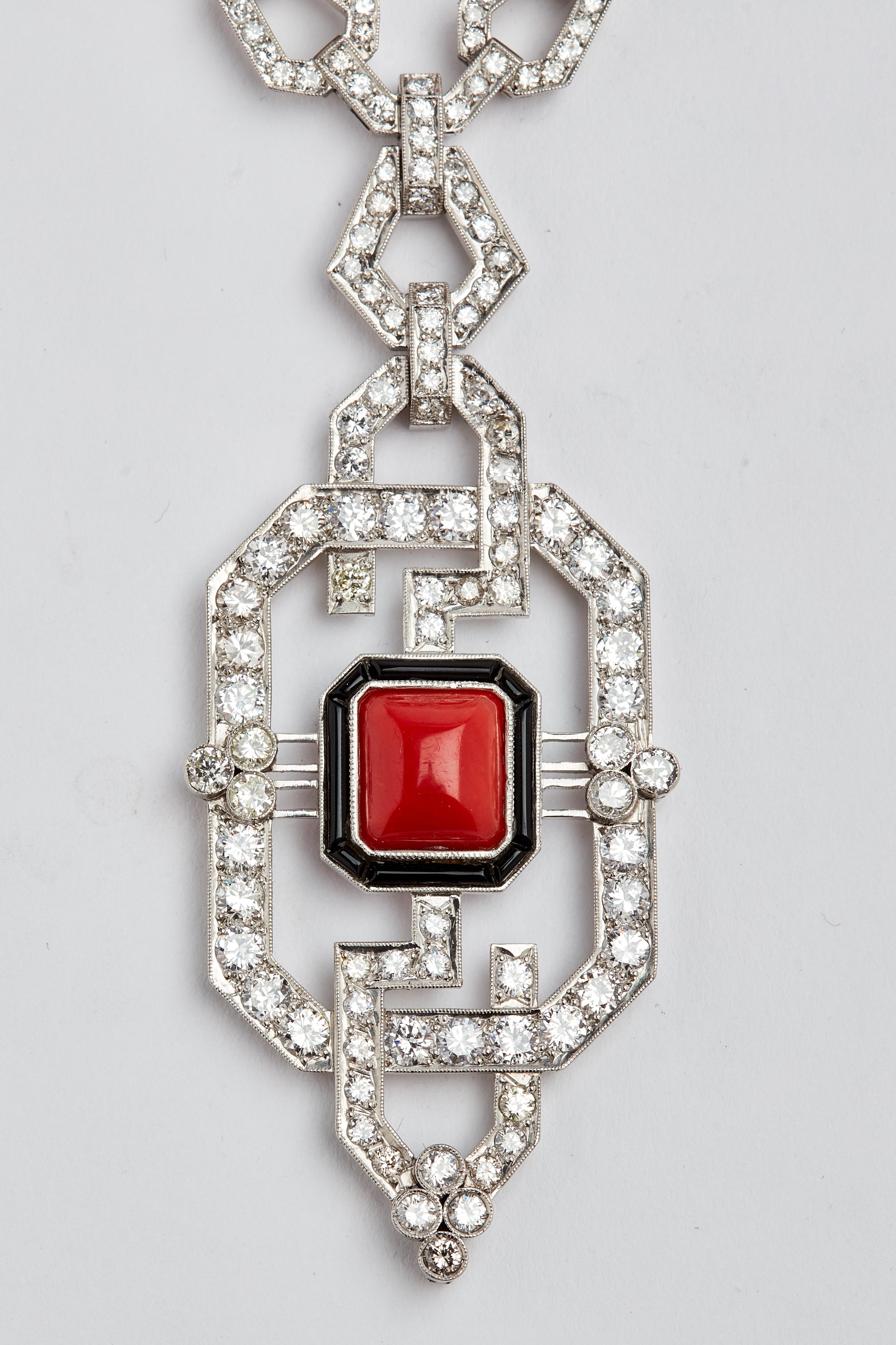 Platinum Diamond Coral and Onyx Necklace In Good Condition In New York, NY