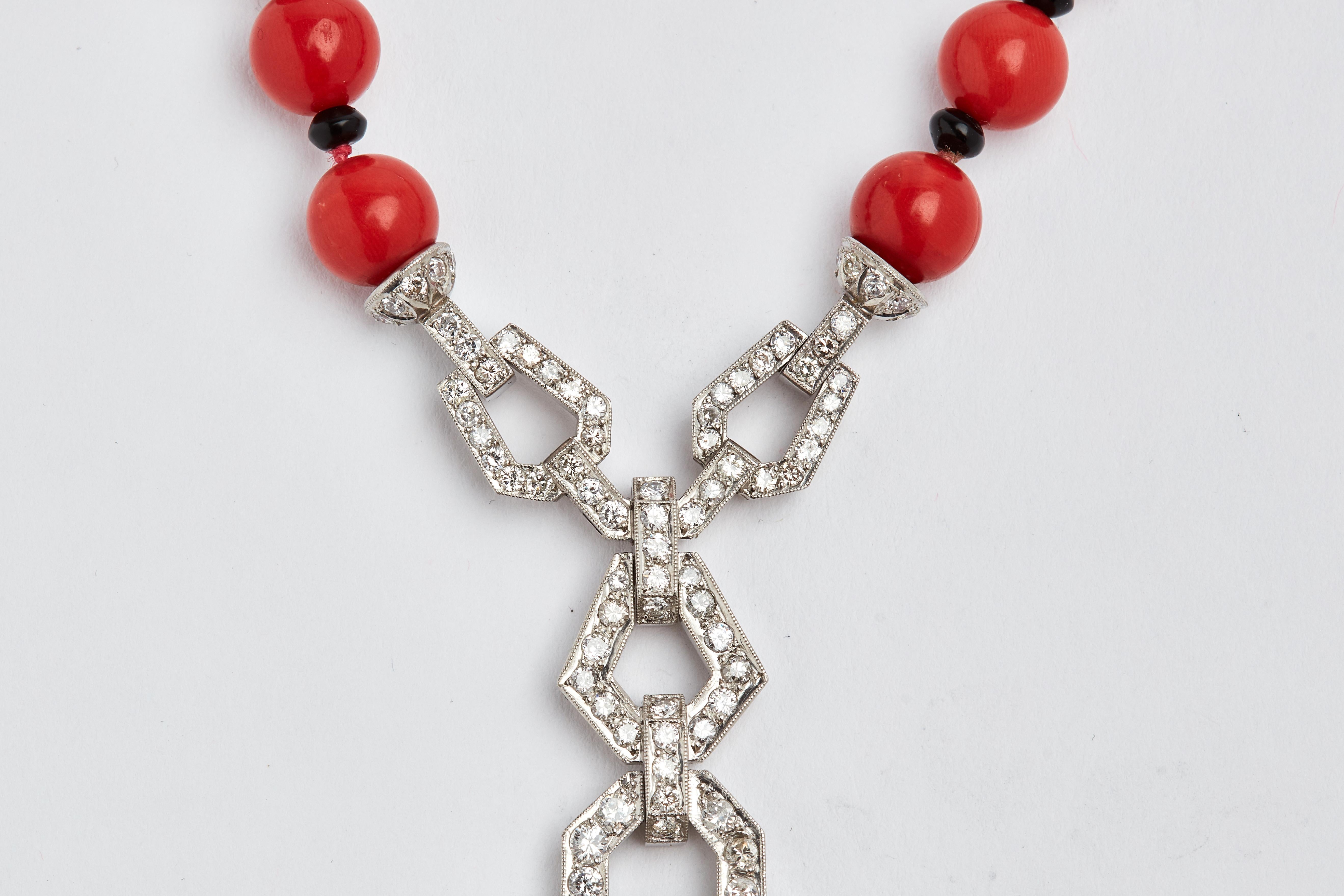 Women's Platinum Diamond Coral and Onyx Necklace