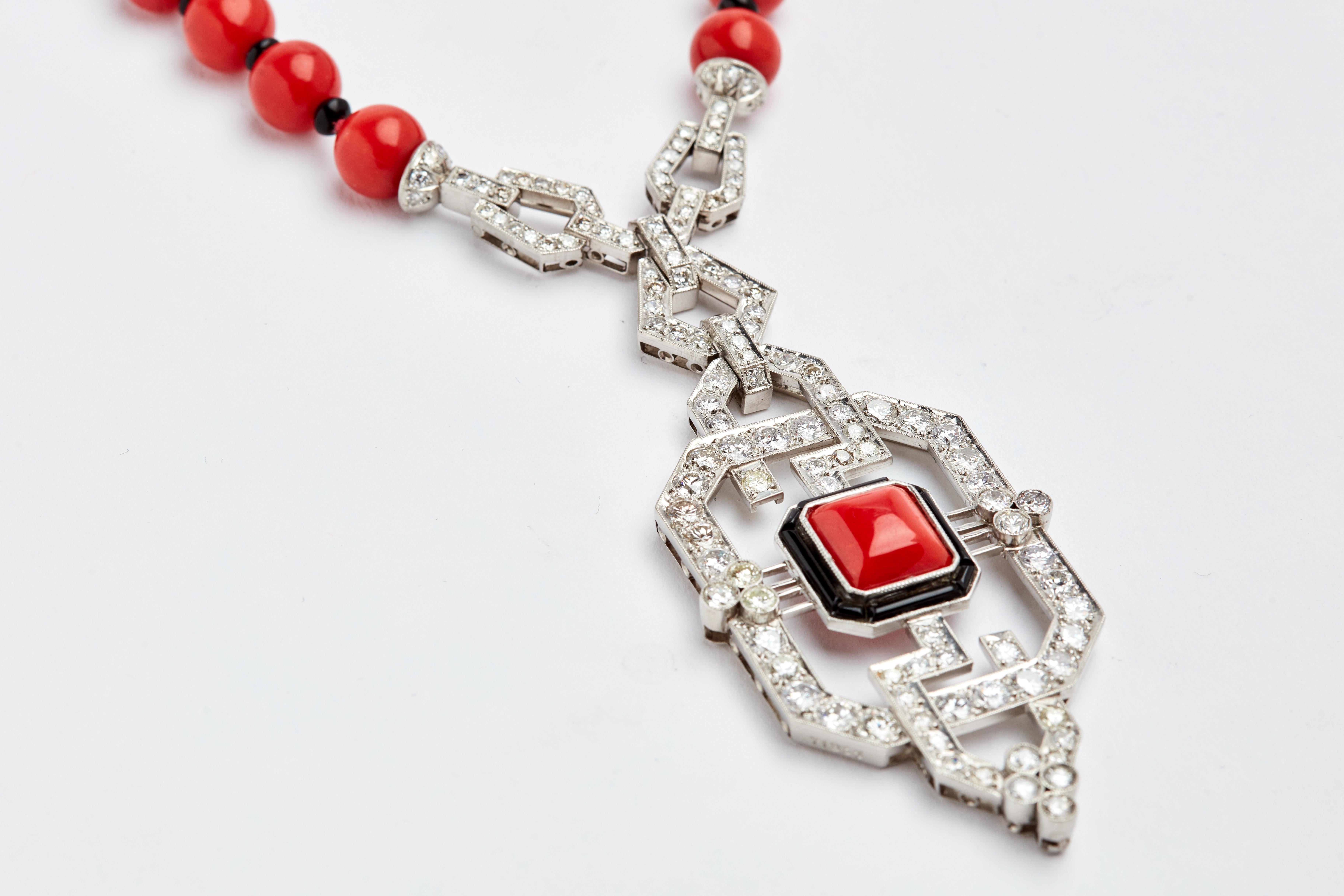 Platinum Diamond Coral and Onyx Necklace 3