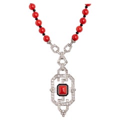 Platinum Diamond Coral and Onyx Necklace