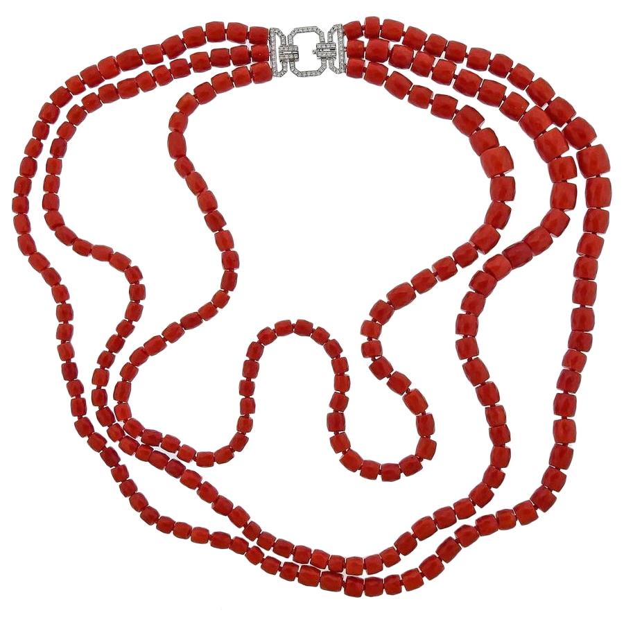 Platinum Diamond Coral Bead Necklace