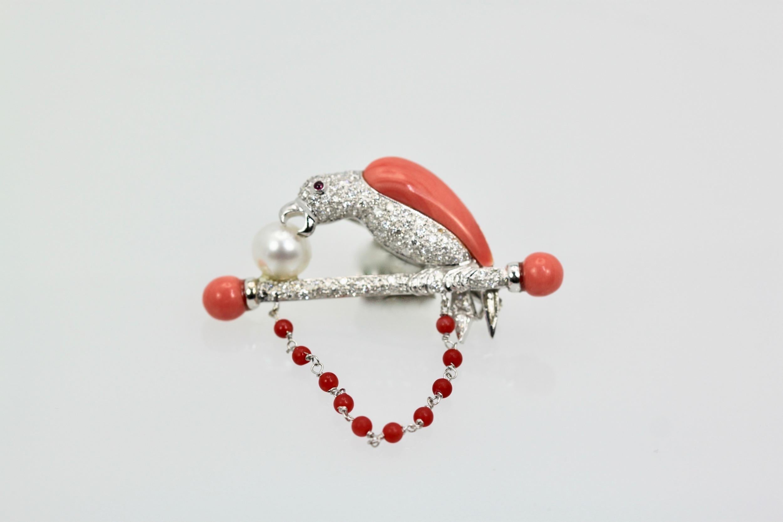 Platinum Diamond Coral Pearl Parrot Brooch/Necklace on Bar Branch For Sale 4