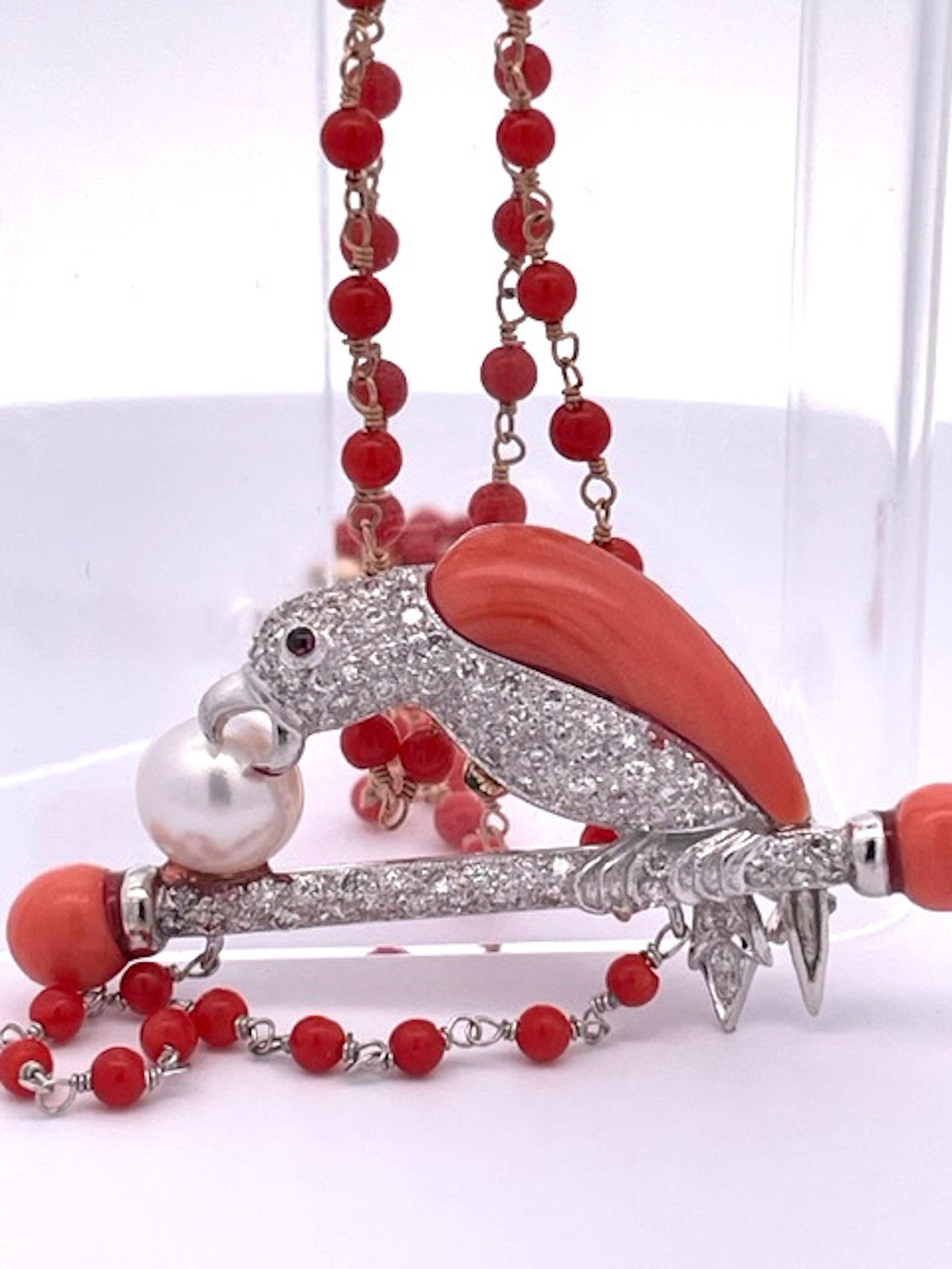 Platinum Diamond Coral Pearl Parrot Brooch/Necklace on Bar Branch For Sale 5