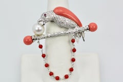 Platinum Diamond Coral Pearl Parrot Brooch/Necklace on Bar Branch