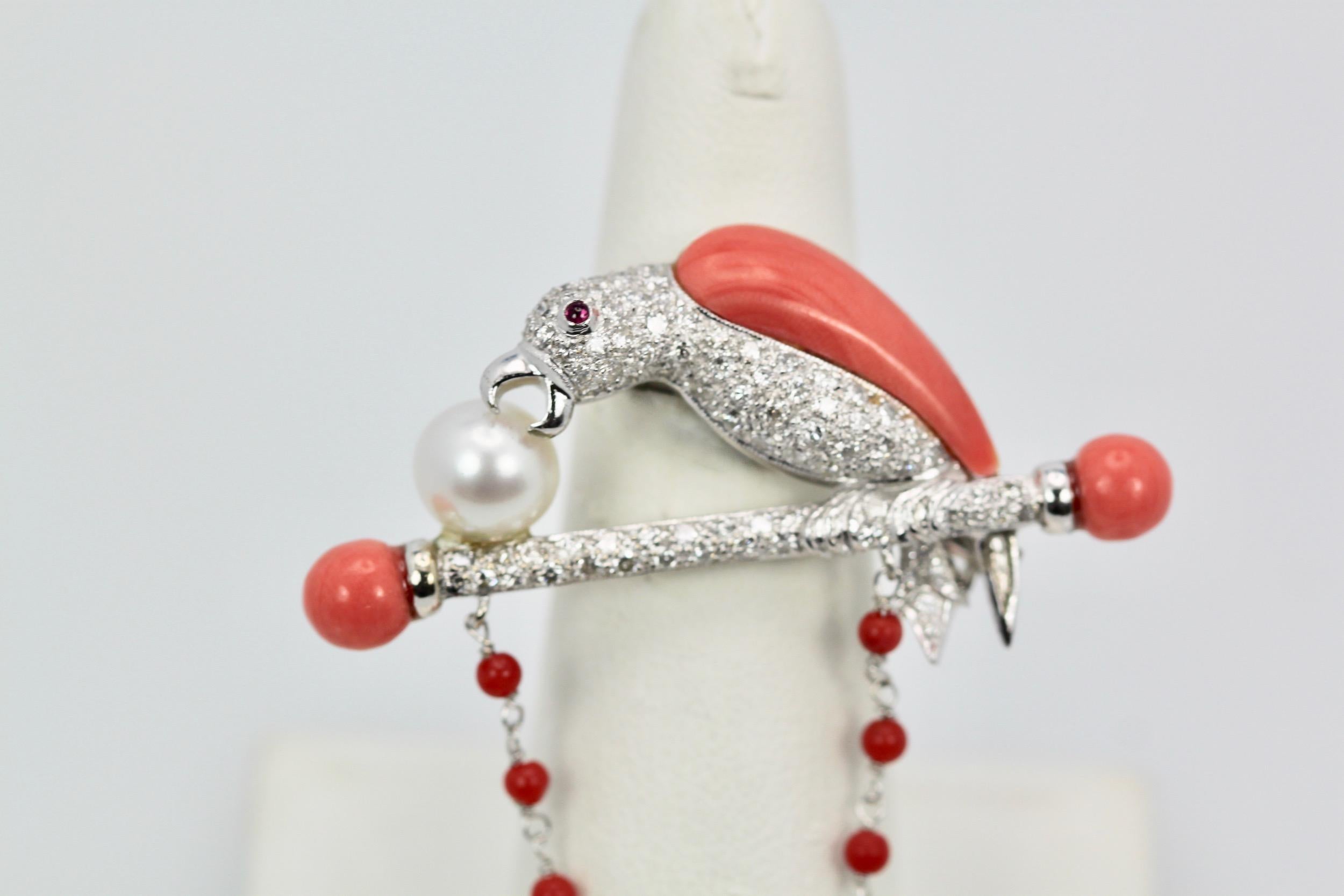 Artisan Platinum Diamond Coral Pearl Parrot Brooch/Necklace on Bar Branch For Sale