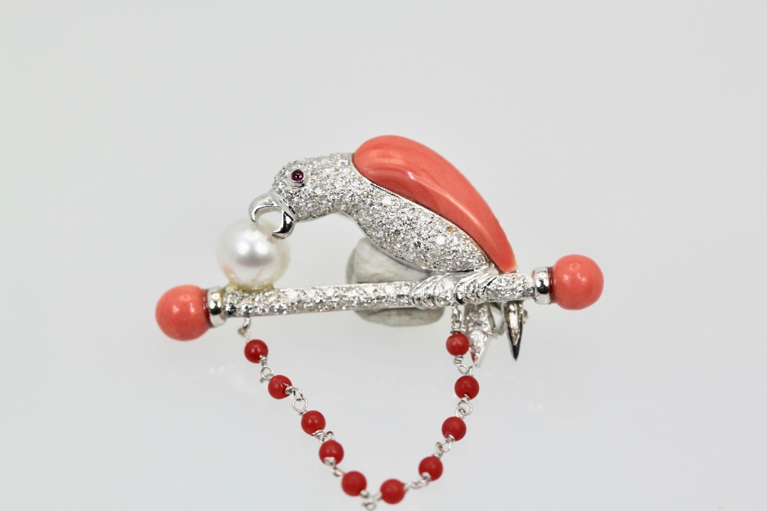 Platinum Diamond Coral Pearl Parrot Brooch/Necklace on Bar Branch For Sale 1