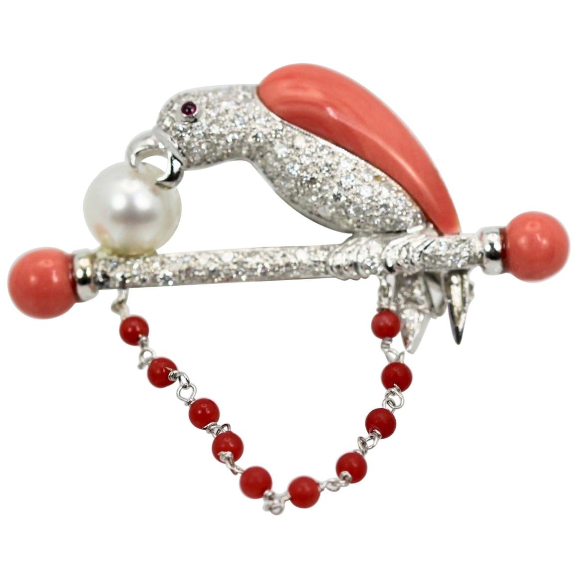 Platinum Diamond Coral Pearl Parrot Brooch/Necklace on Bar Branch