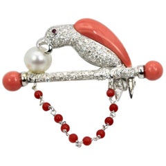 Platinum Diamond Coral Pearl Parrot Brooch/Necklace on Bar Branch