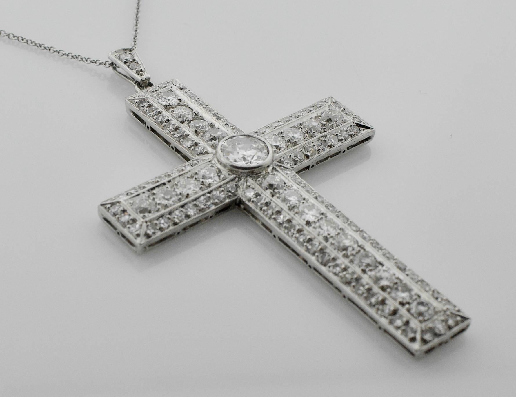 Round Cut Platinum Diamond Cross Necklace circa 1930s 5.00 Carat