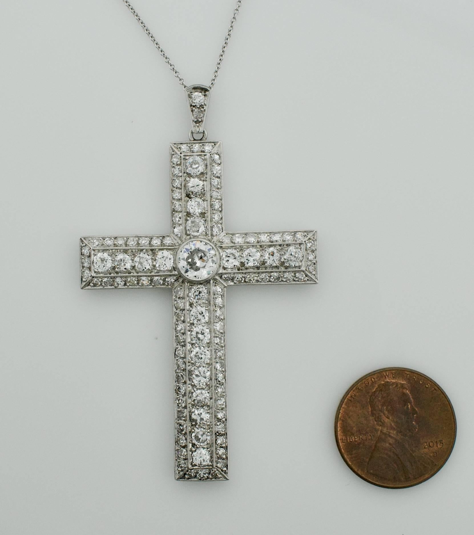 Women's or Men's Platinum Diamond Cross Necklace circa 1930s 5.00 Carat