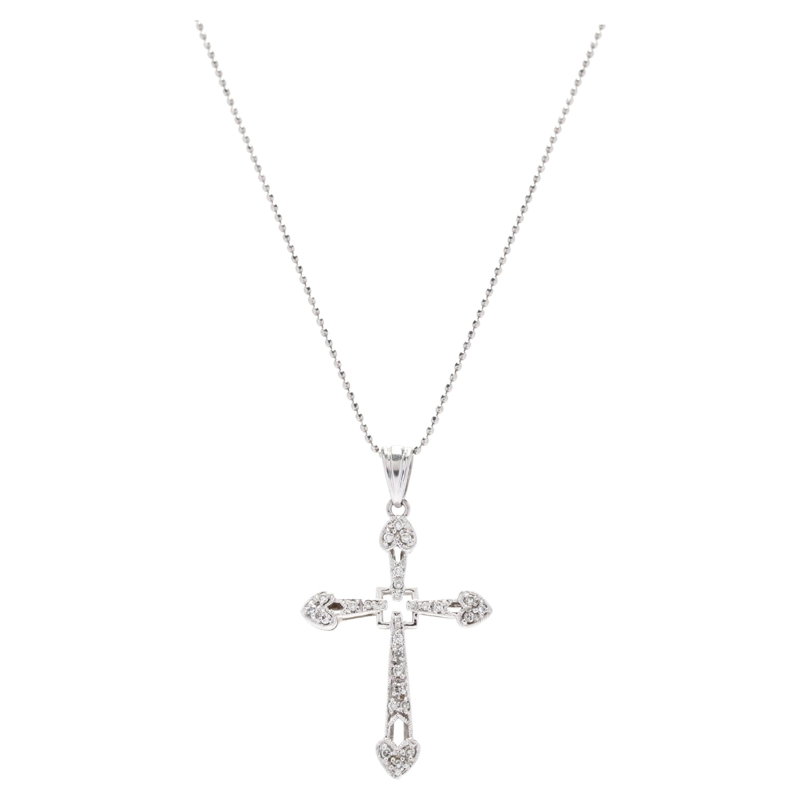 Platinum & Diamond Cross Necklace w/ Bead Chain