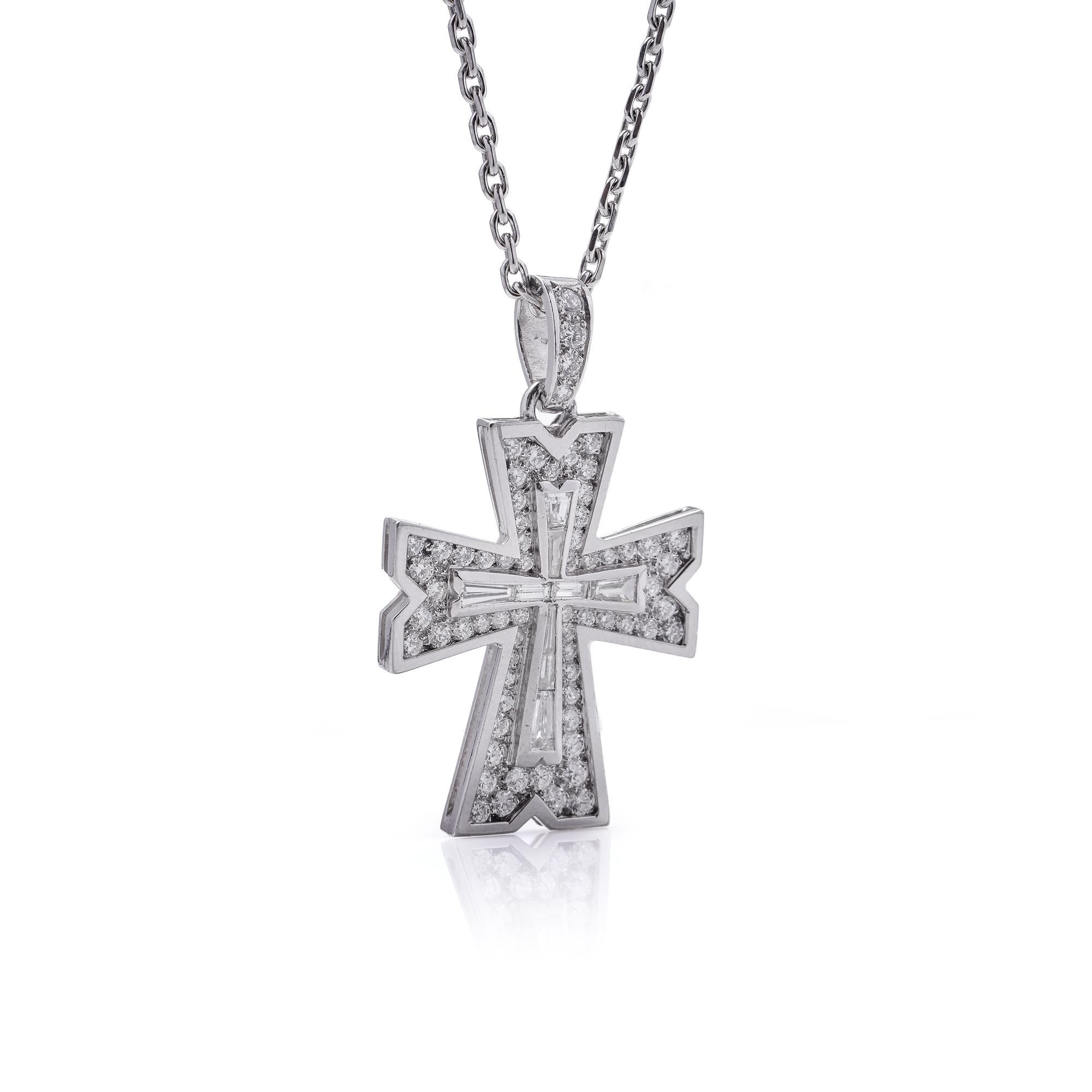 Women's or Men's Platinum diamond cross pendant with 18kt gold chain For Sale