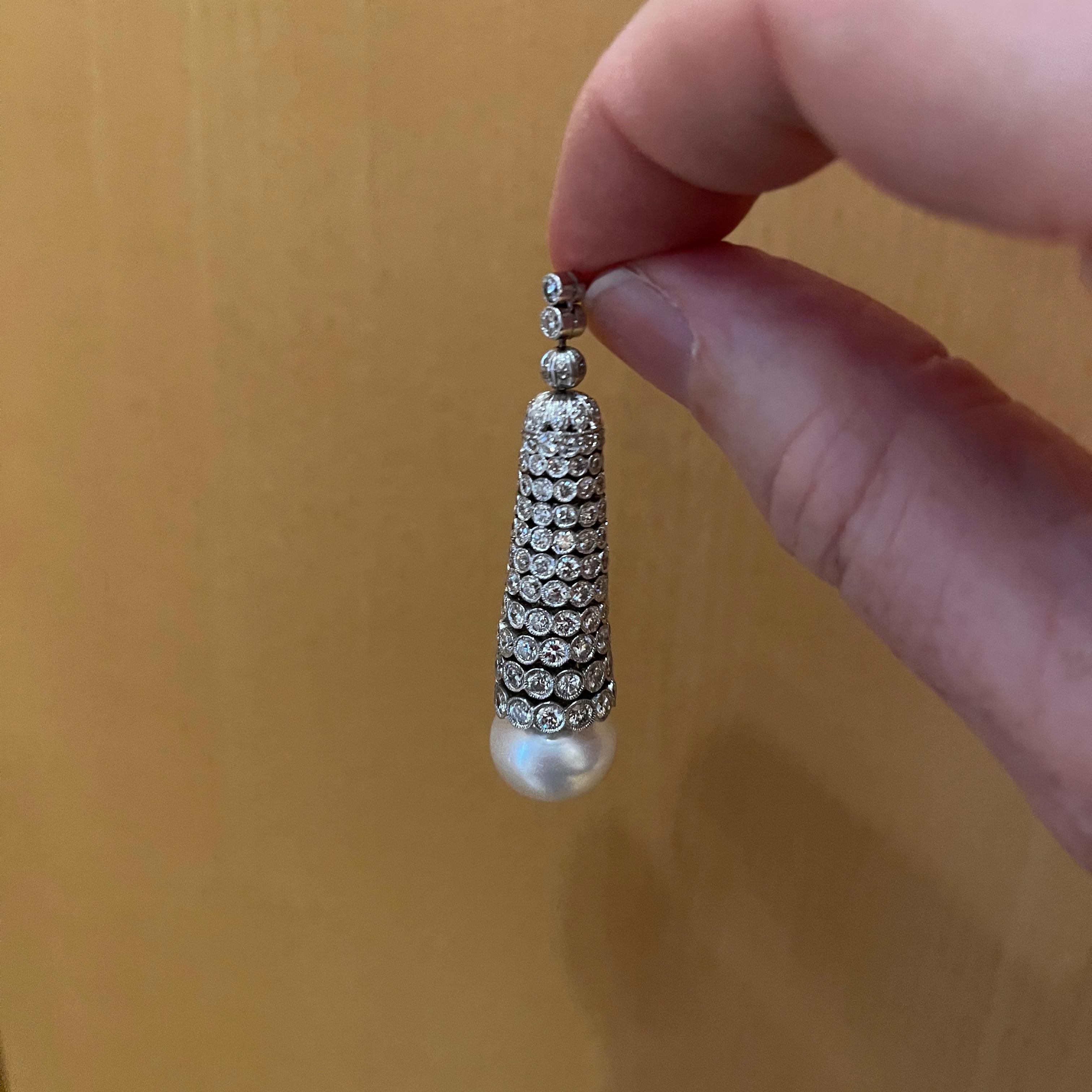 Round Cut Platinum Diamond Cultured Pearl Pendant Earrings For Sale