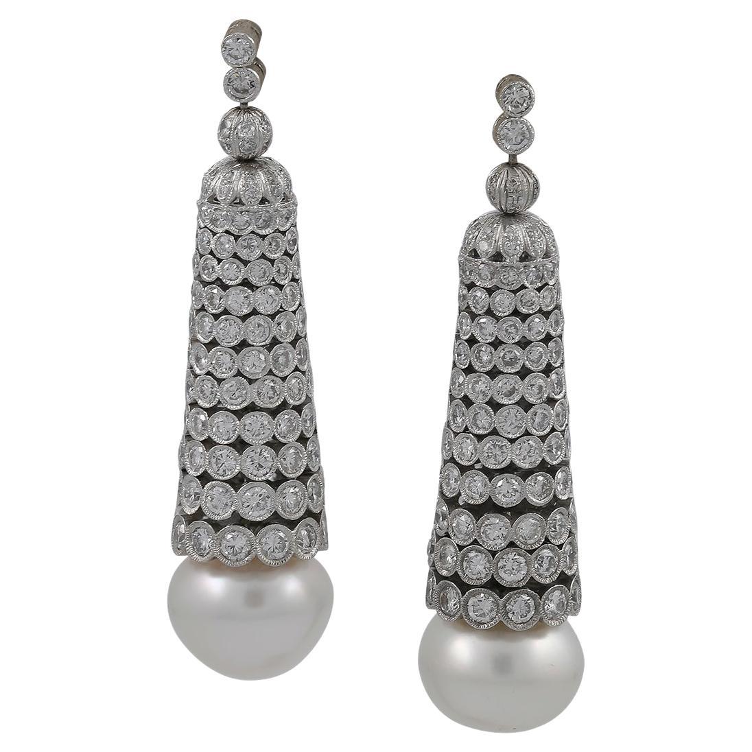 Platinum Diamond Cultured Pearl Pendant Earrings For Sale