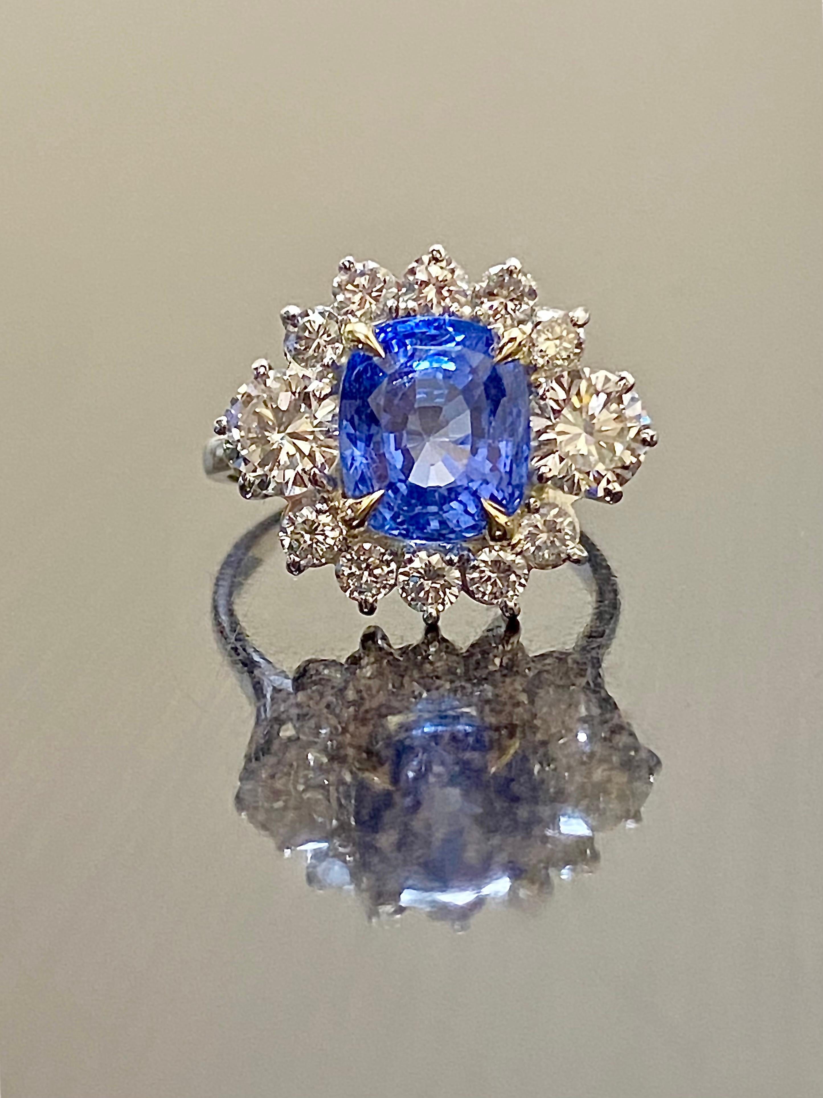 Platinum Diamond Cushion Cut GIA Certified 4.71 No Heat Blue Sapphire Ring For Sale 6