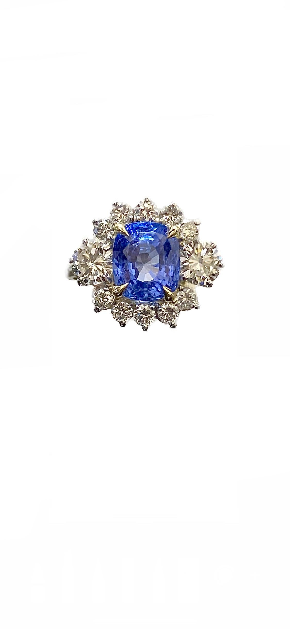 DeKara Designs Collection Masterpiece

Beautiful Modern/Art Deco Inspired Ceylon Blue Sapphire and Diamond Ring

Metal- 90% Platinum, 10% Iridium.  18K Yellow Gold, .750.

Stones- GIA Certified Cushion Cut No Heat Sri Lanka Sapphire 4.71 Carats.  12