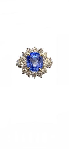Platinum Diamond Cushion Cut GIA Certified 4.71 No Heat Blue Sapphire Ring