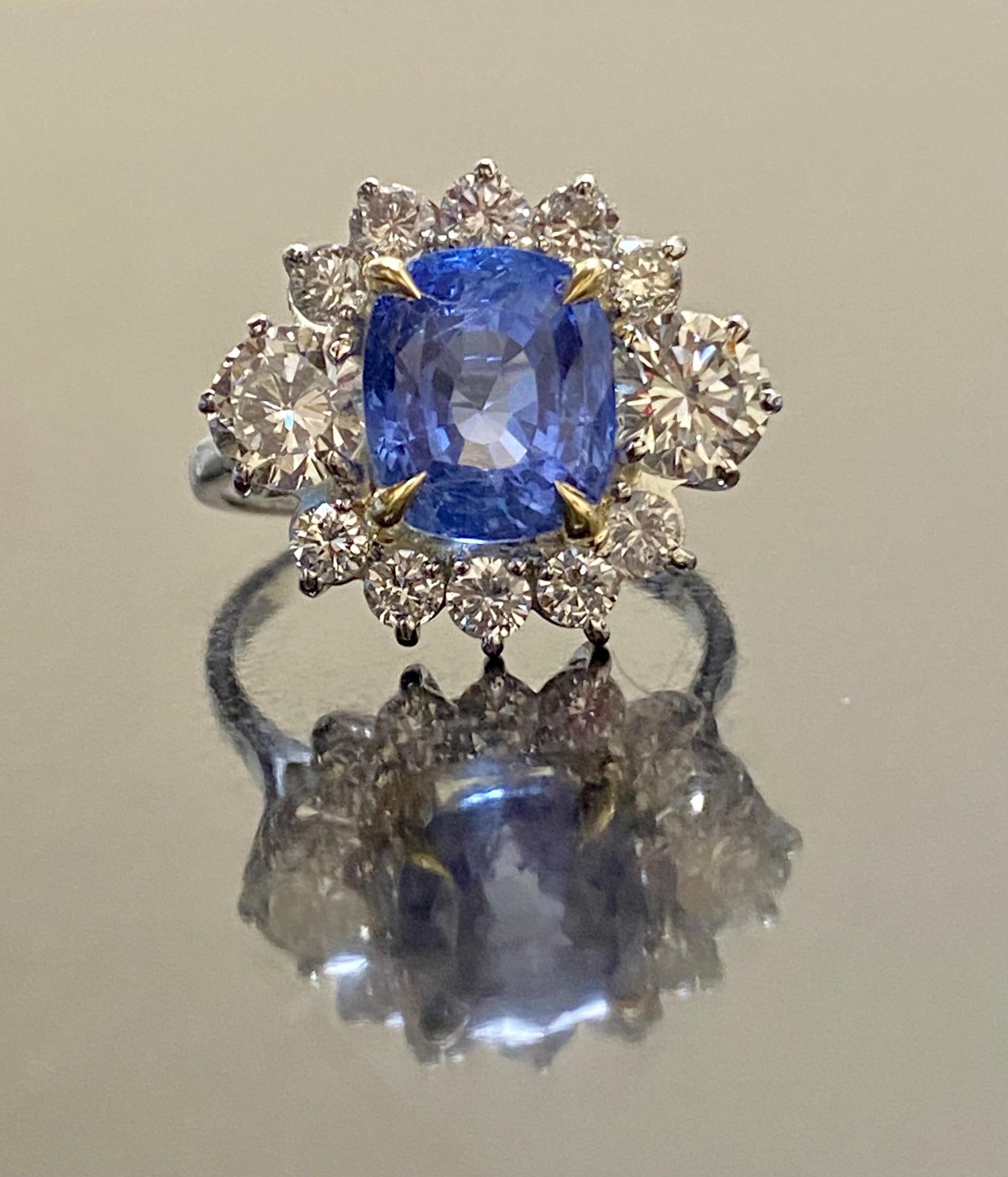 Platinum Diamond Cushion Cut GIA Certified 4.71 No Heat Blue Sapphire Ring In New Condition For Sale In Los Angeles, CA