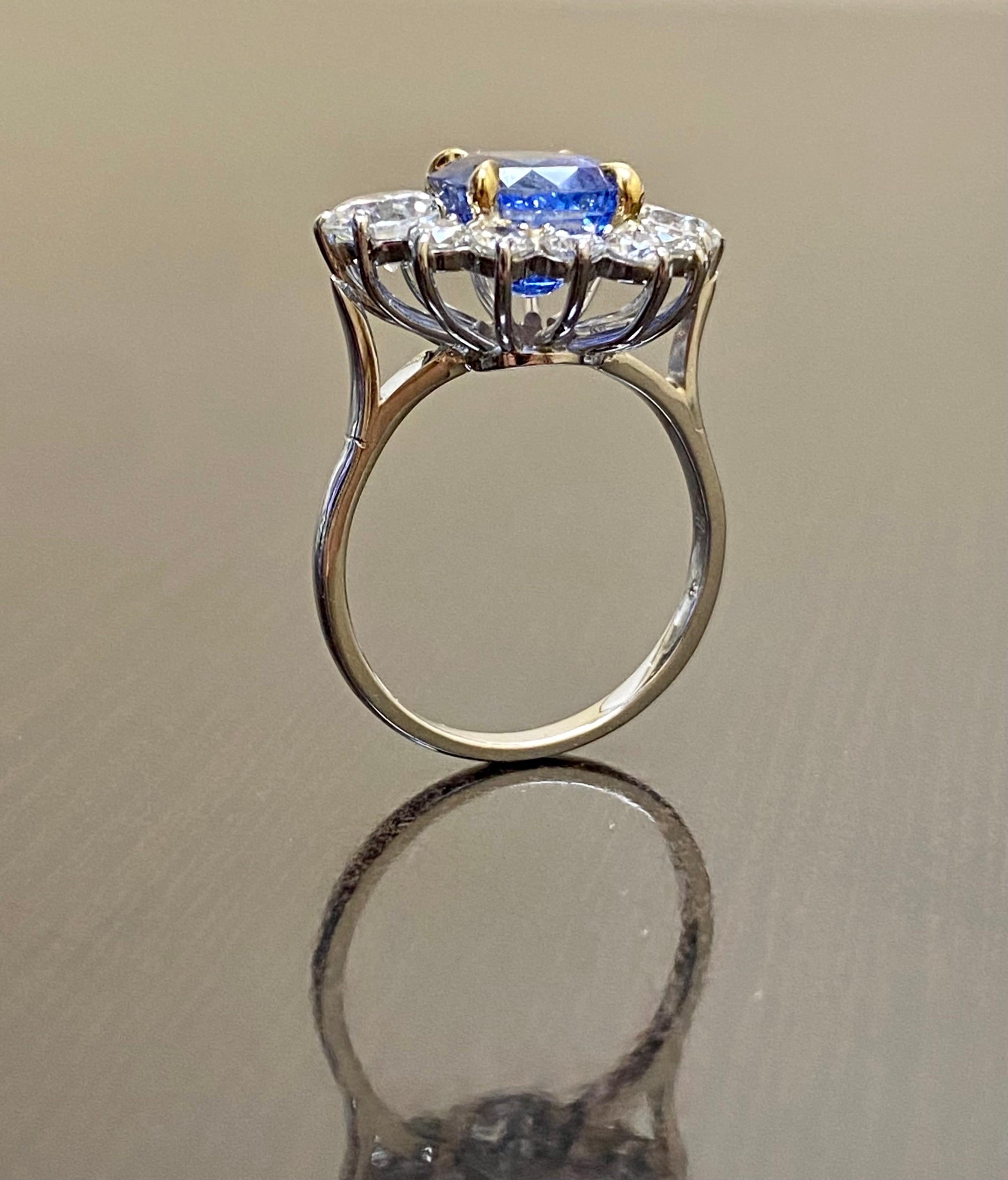 Women's or Men's Platinum Diamond Cushion Cut GIA Certified 4.71 No Heat Blue Sapphire Ring For Sale