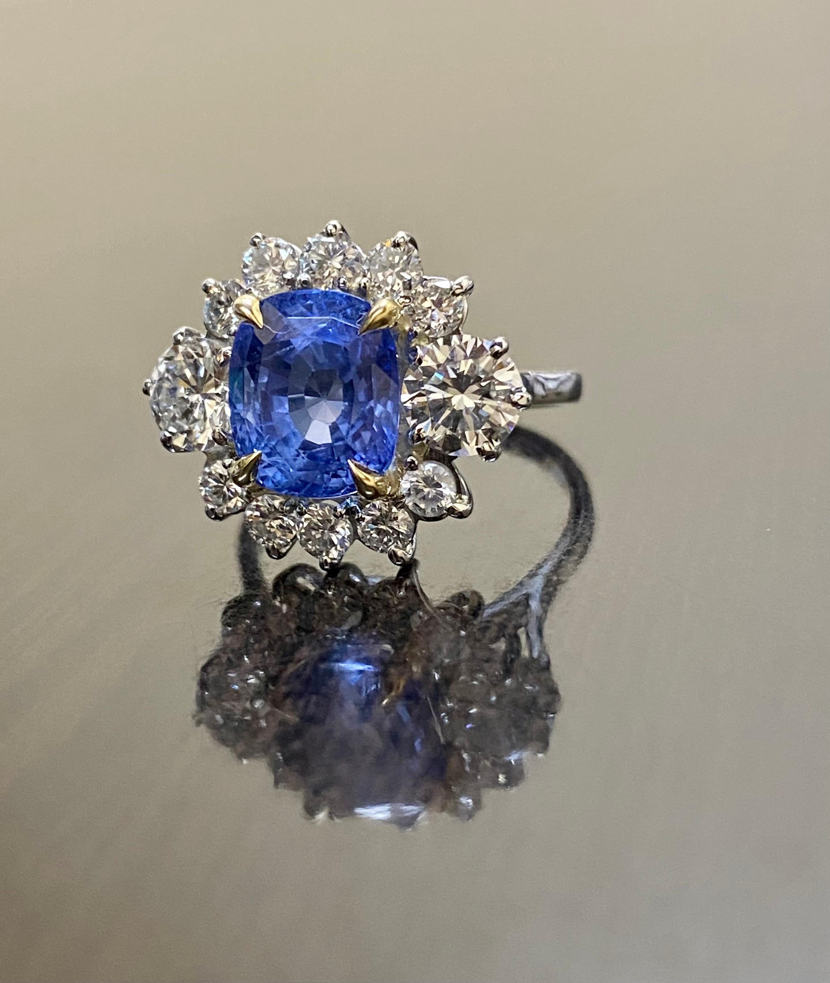 Platinum Diamond Cushion Cut GIA Certified 4.71 No Heat Blue Sapphire Ring For Sale 2