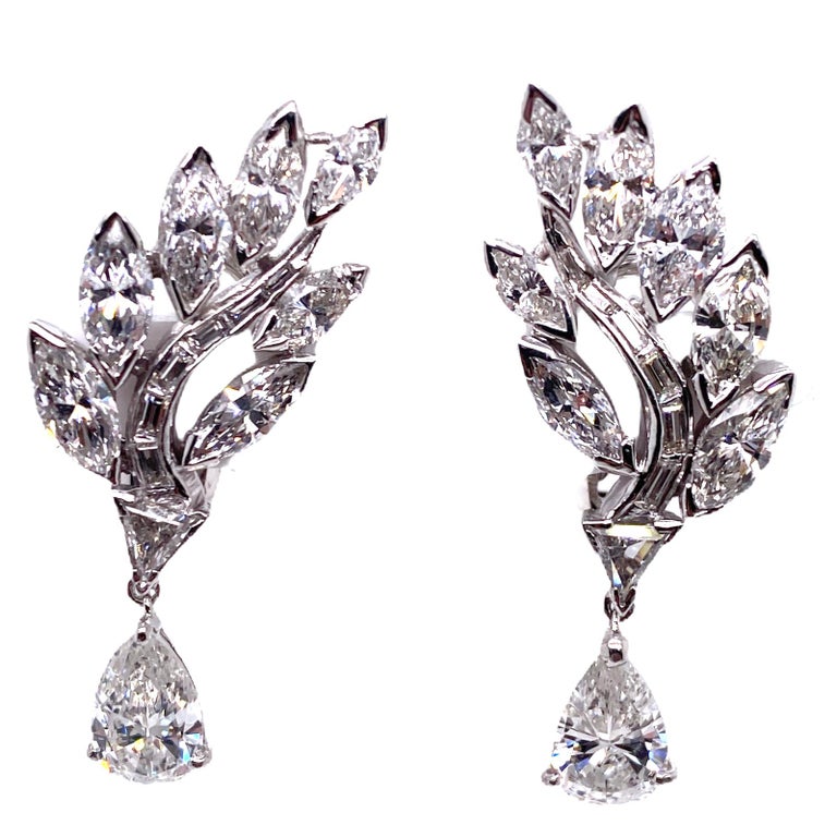 Platinum Diamond Dangle Drop Earrings Pear Trillion Baguette Marquise