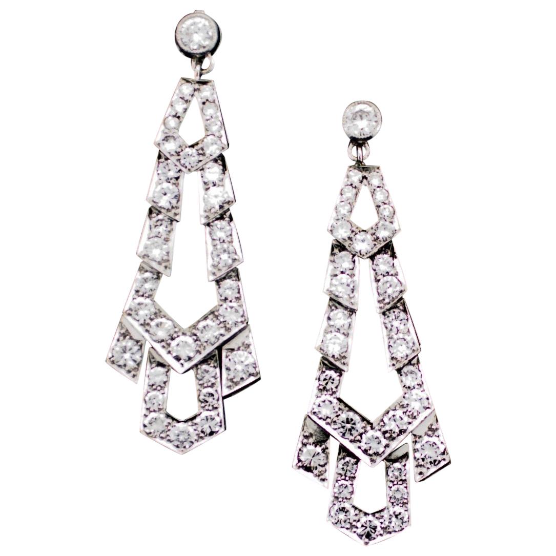 Platinum Diamond Dangling Earrings, circa 1940s For Sale