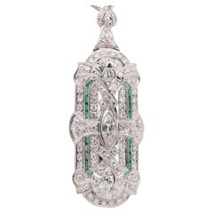 Platinum Diamond Deco Pendant Pin Brooch Emerald 8.58 Carat