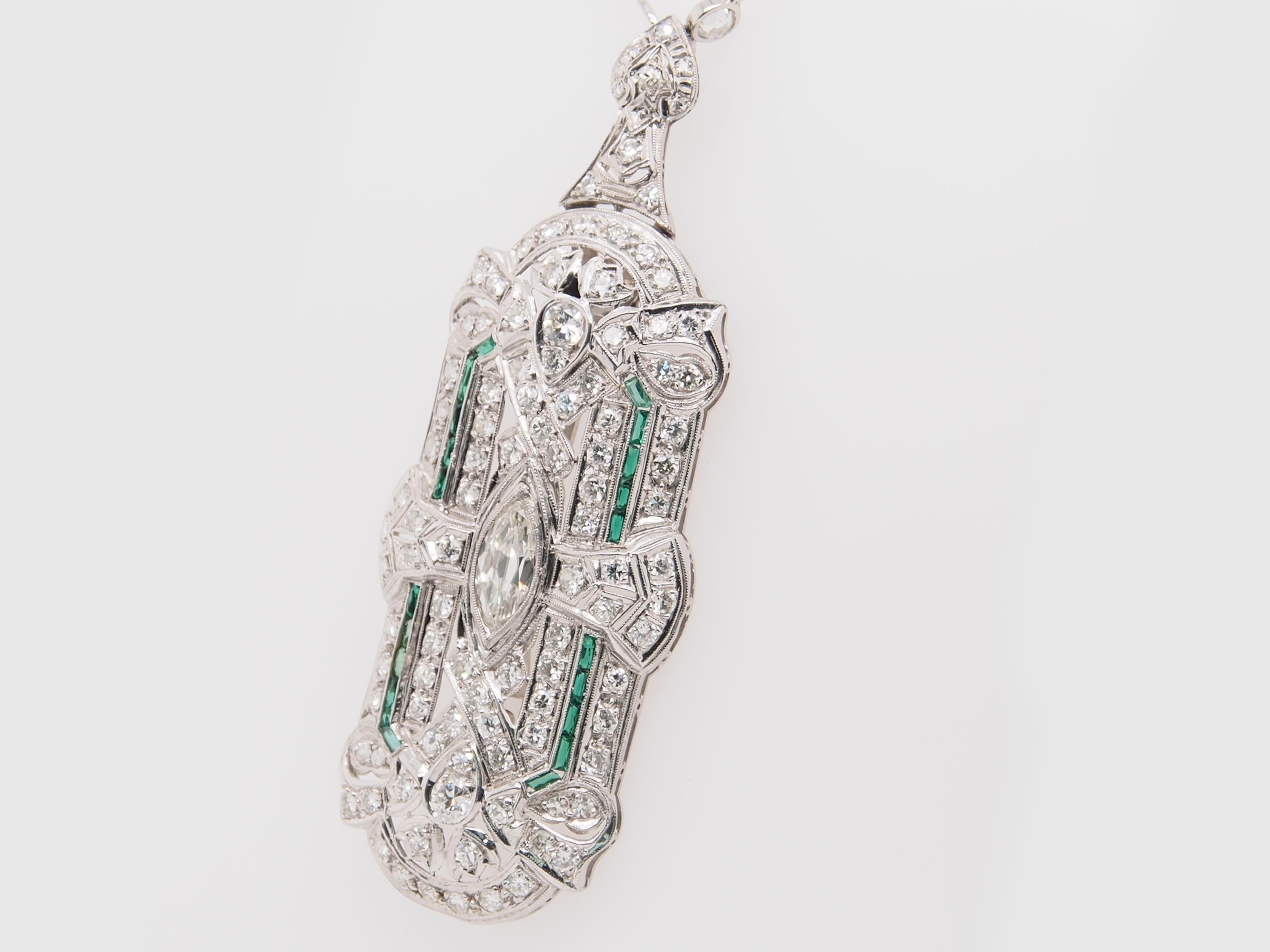 Platinum Diamond Deco Pendant Pin Brooch Emerald 8.58 Carat In Good Condition In Boca Raton, FL