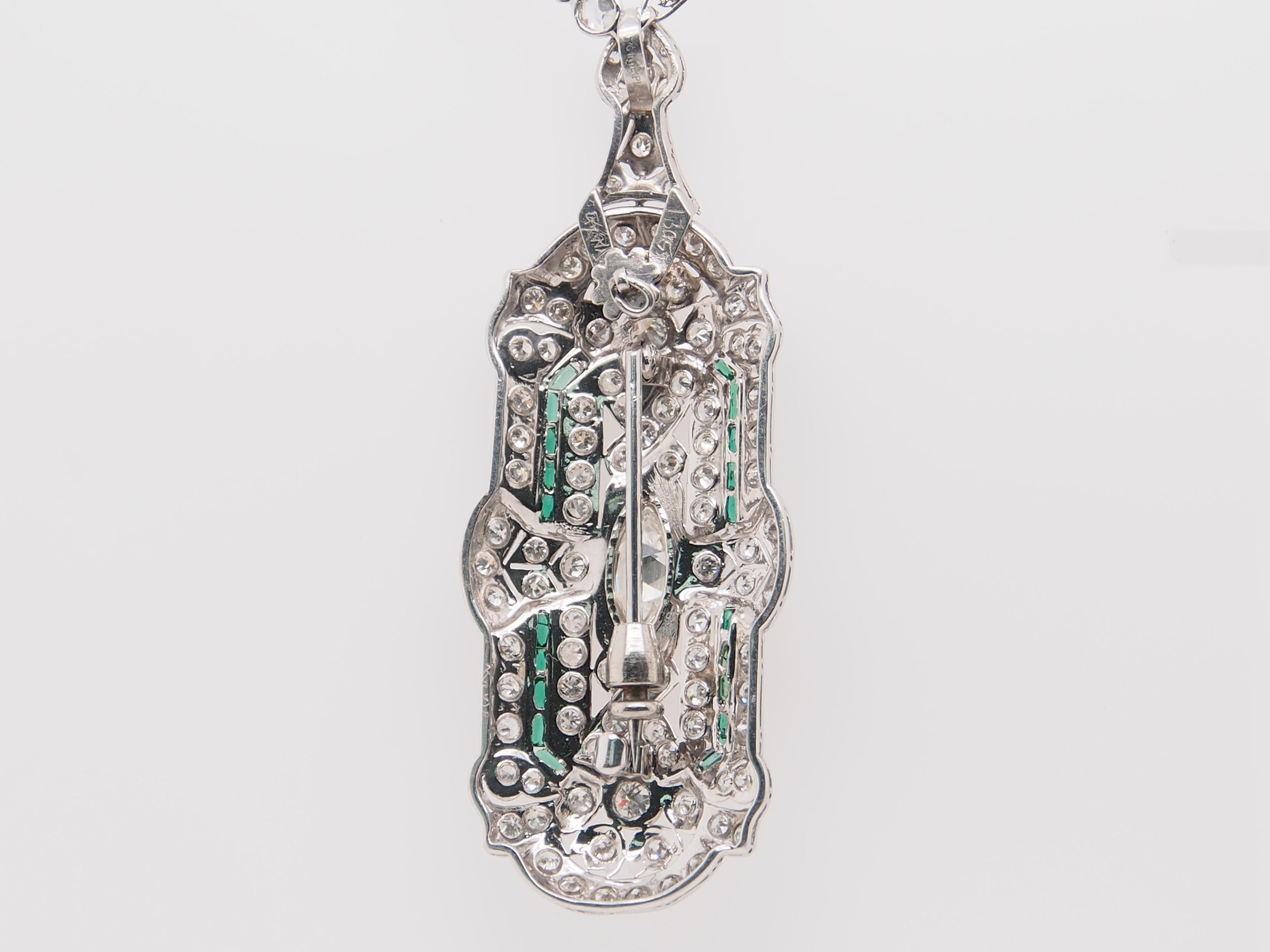 Women's or Men's Platinum Diamond Deco Pendant Pin Brooch Emerald 8.58 Carat