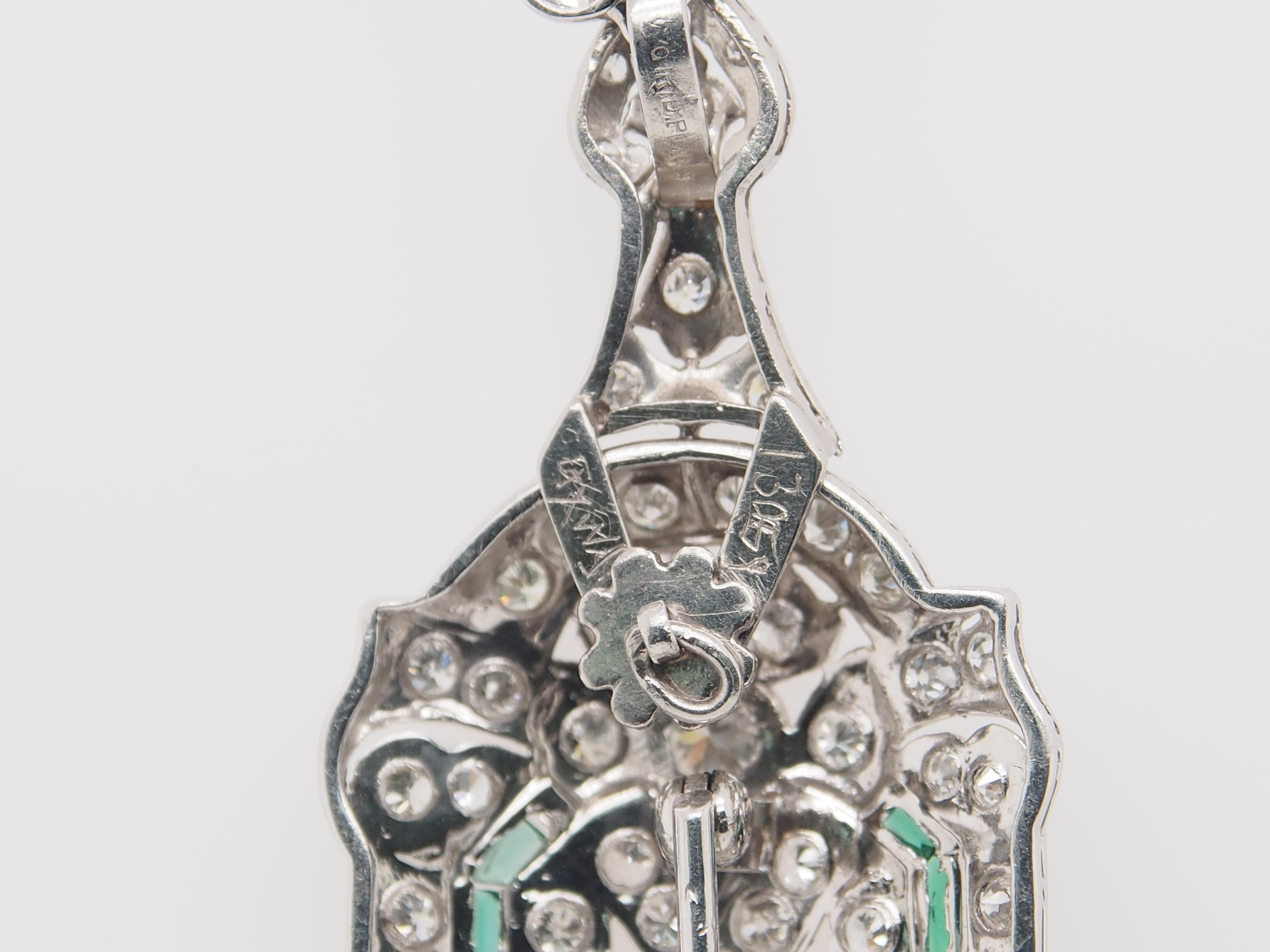 Platinum Diamond Deco Pendant Pin Brooch Emerald 8.58 Carat 1