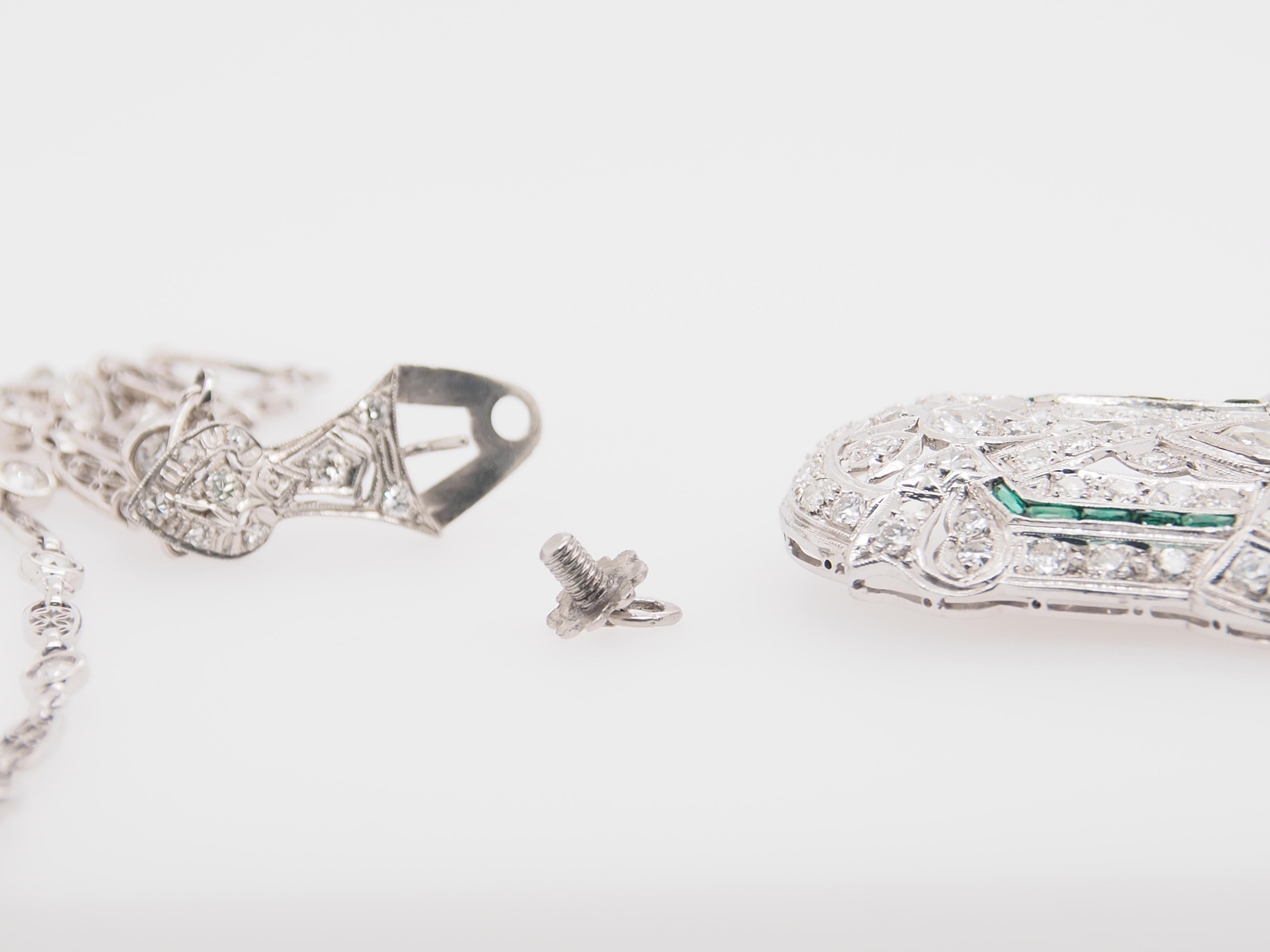 Platinum Diamond Deco Pendant Pin Brooch Emerald 8.58 Carat 3