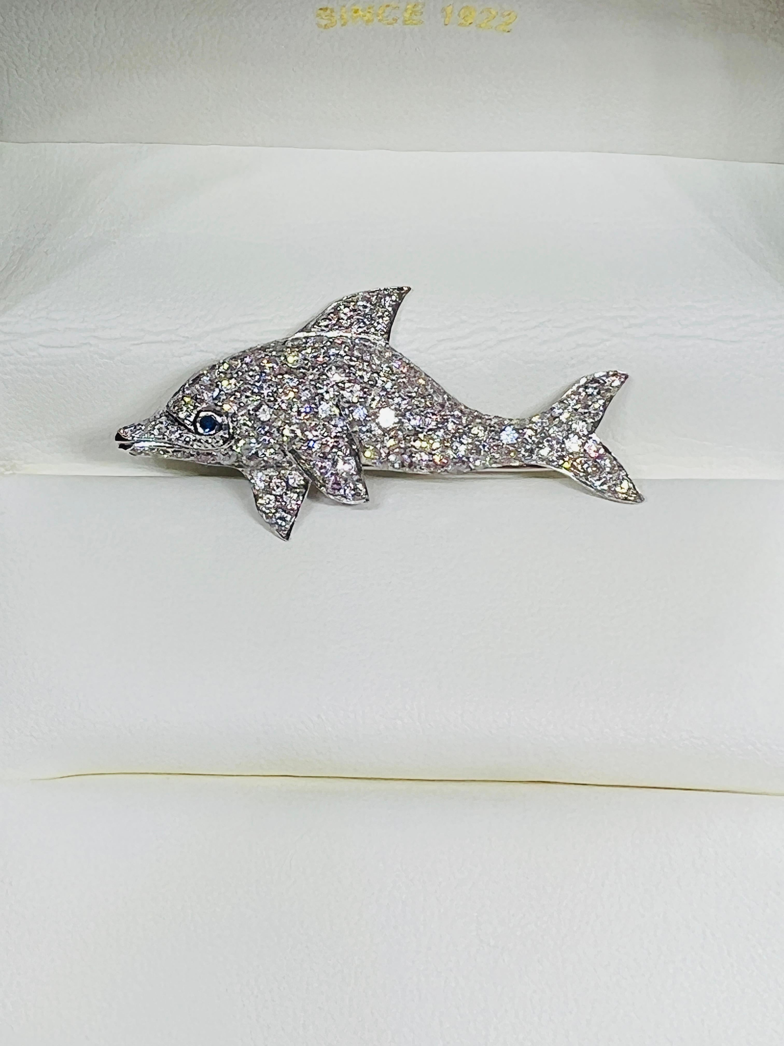 Platinum & Diamond Dolphin Brooch with Emerald Eye For Sale 1