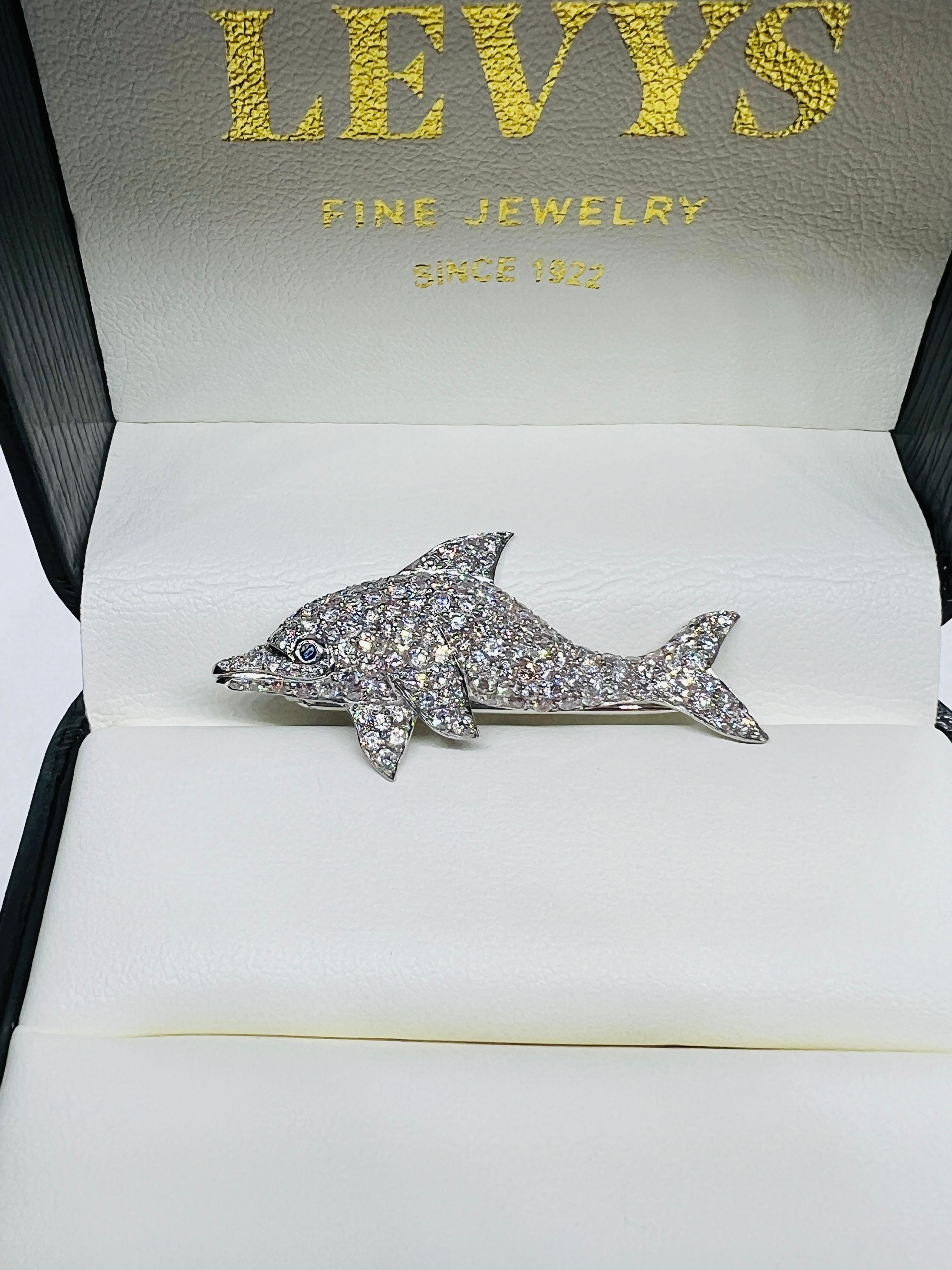 Platinum & Diamond Dolphin Brooch with Emerald Eye For Sale 3