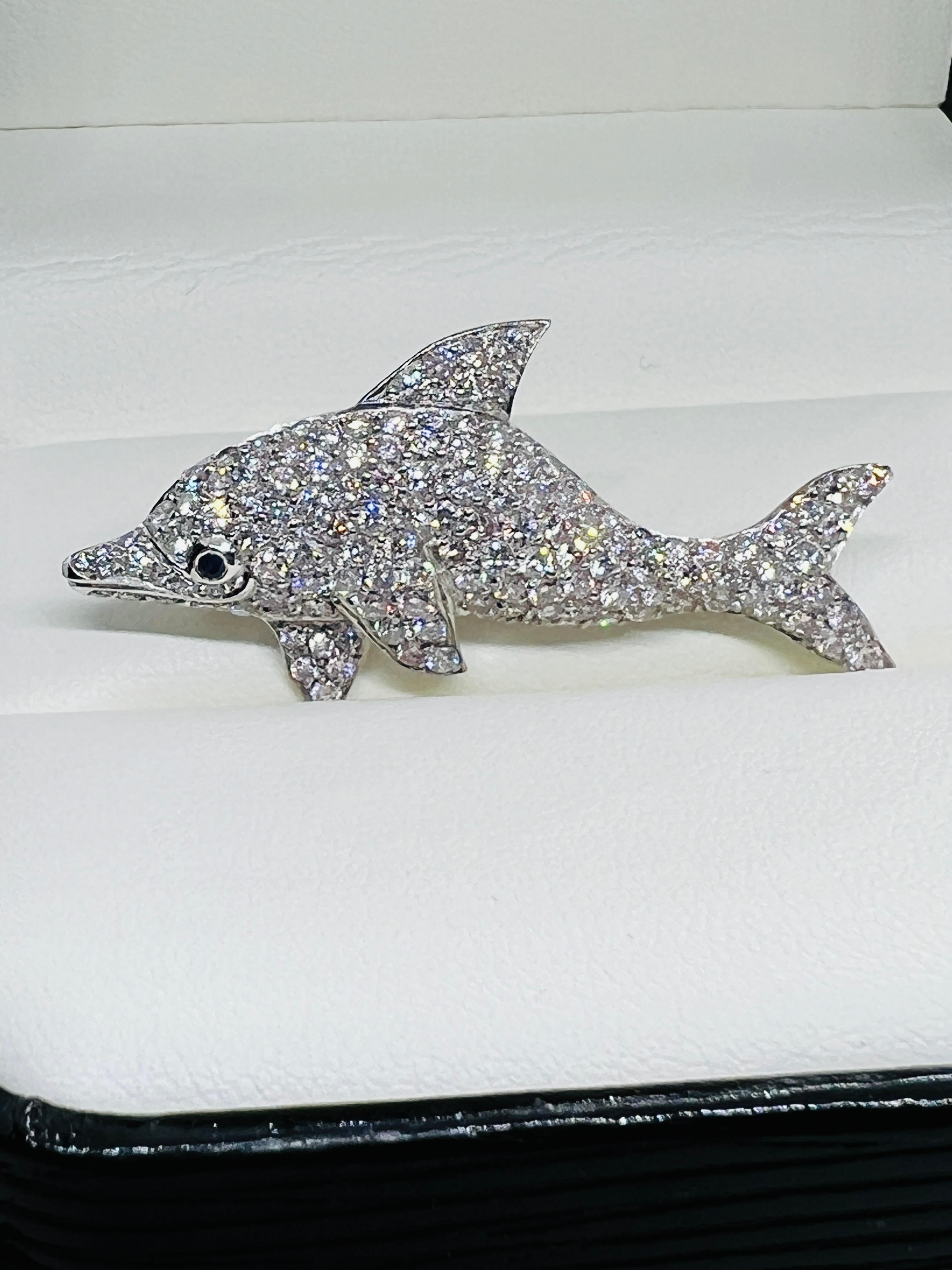 Artisan Platinum & Diamond Dolphin Brooch with Emerald Eye For Sale