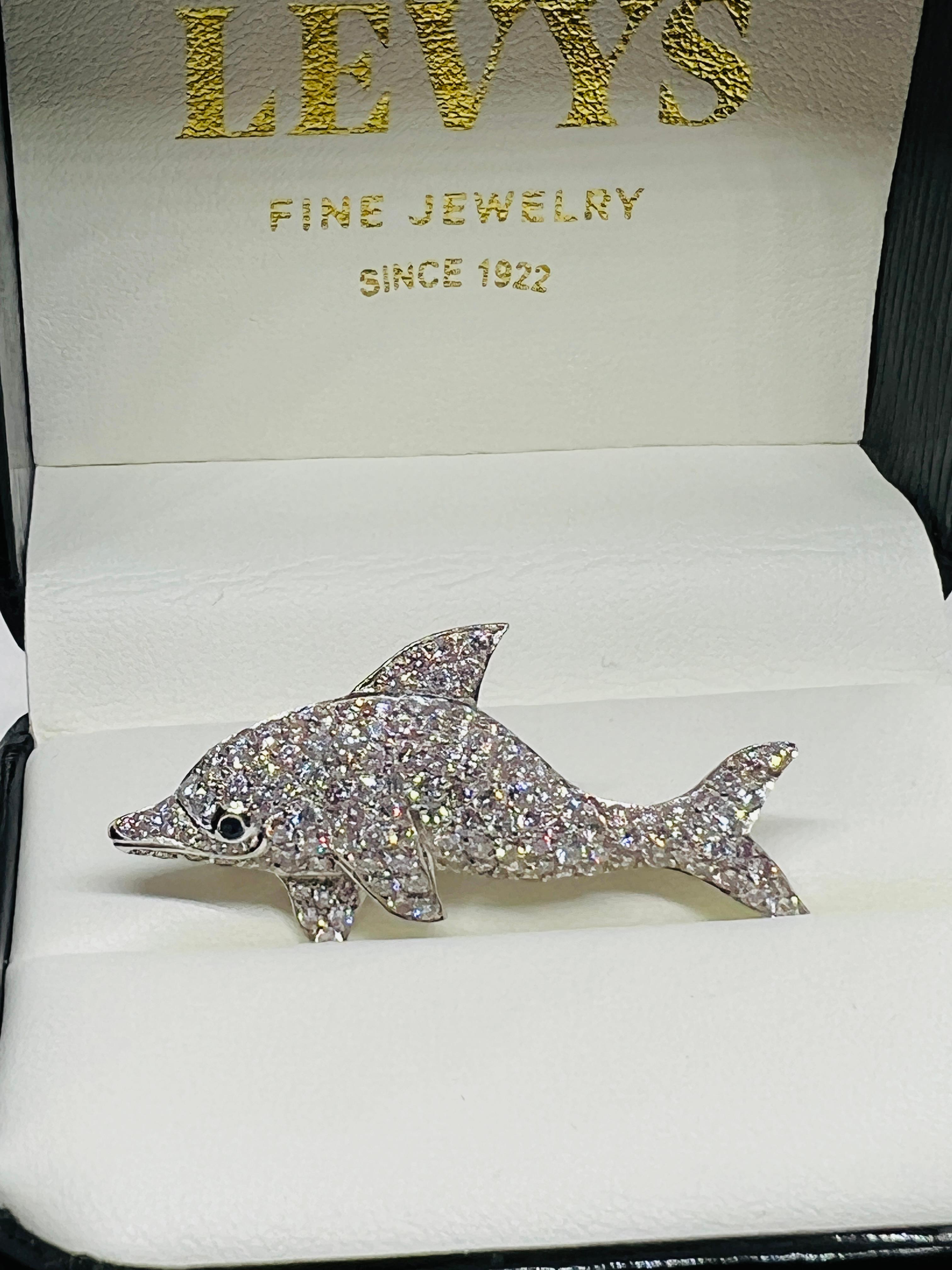 Round Cut Platinum & Diamond Dolphin Brooch with Emerald Eye For Sale