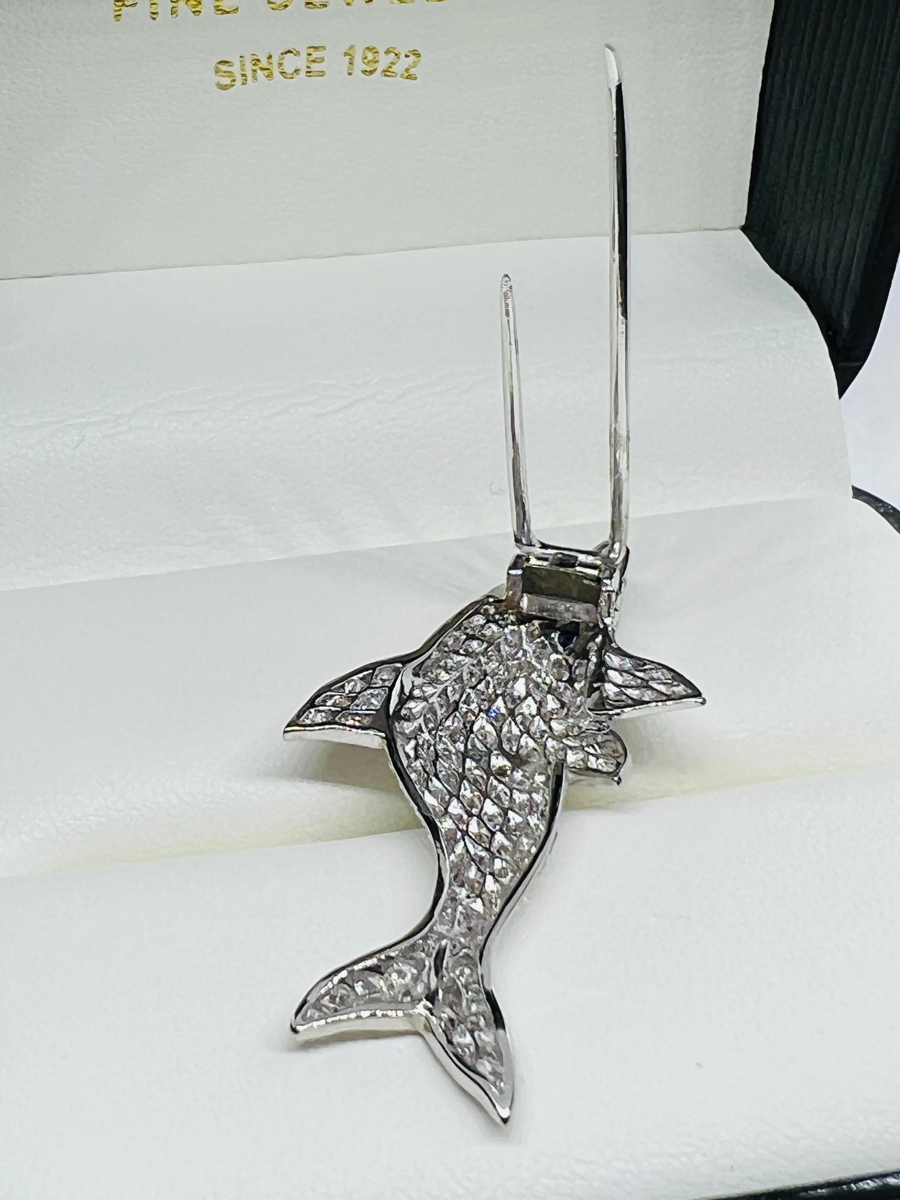 Women's or Men's Platinum & Diamond Dolphin Brooch with Emerald Eye For Sale