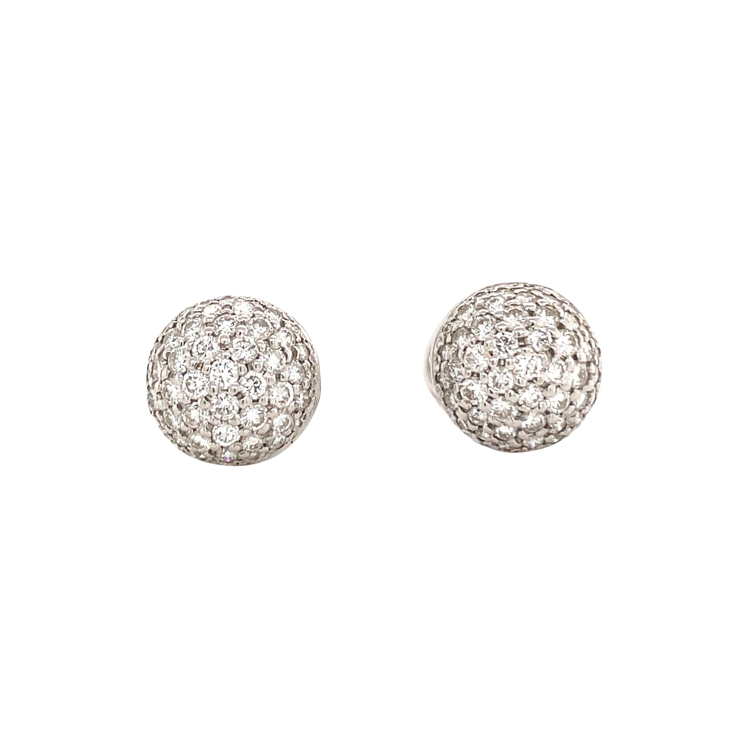 Contemporary Round Brilliant Diamond Dome Clip On Earrings 1.50 Carats F SI1 18KT White Gold For Sale