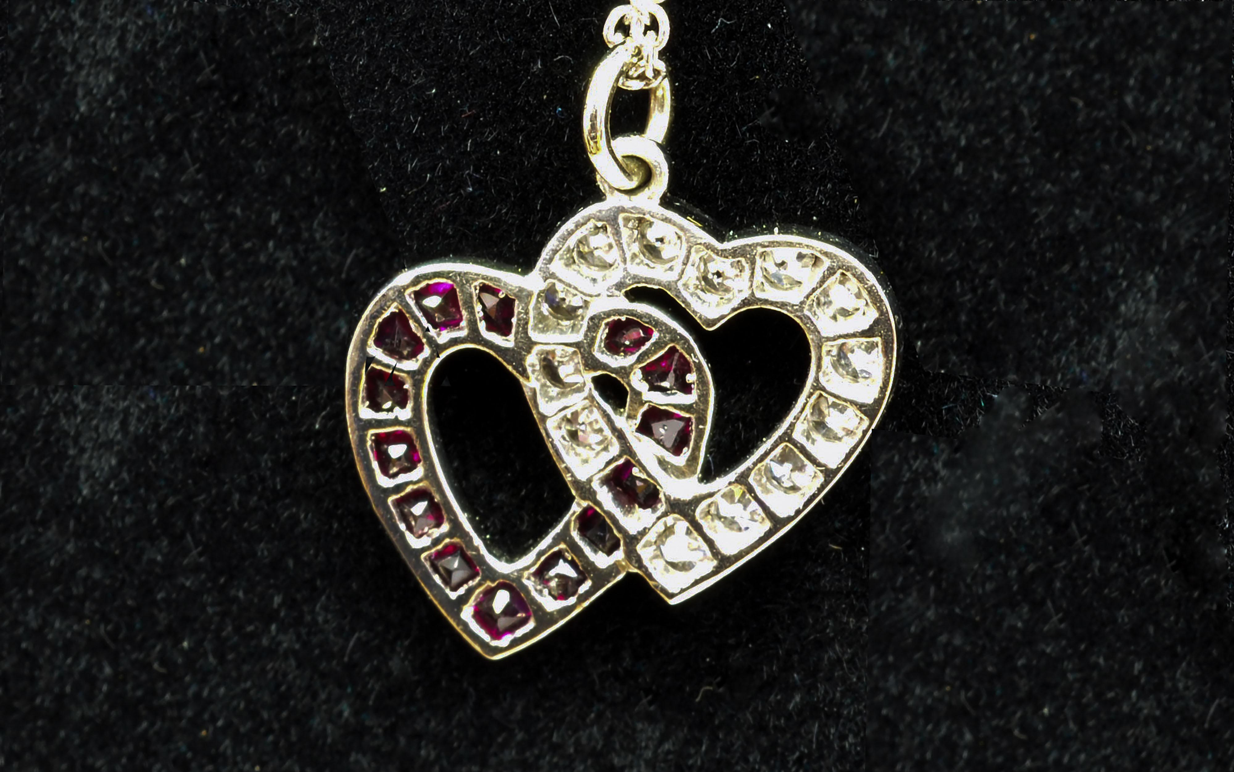 Artisan Platinum Diamond Double Heart Pendant on a White Gold Chain, J.E.Caldwell Co. For Sale