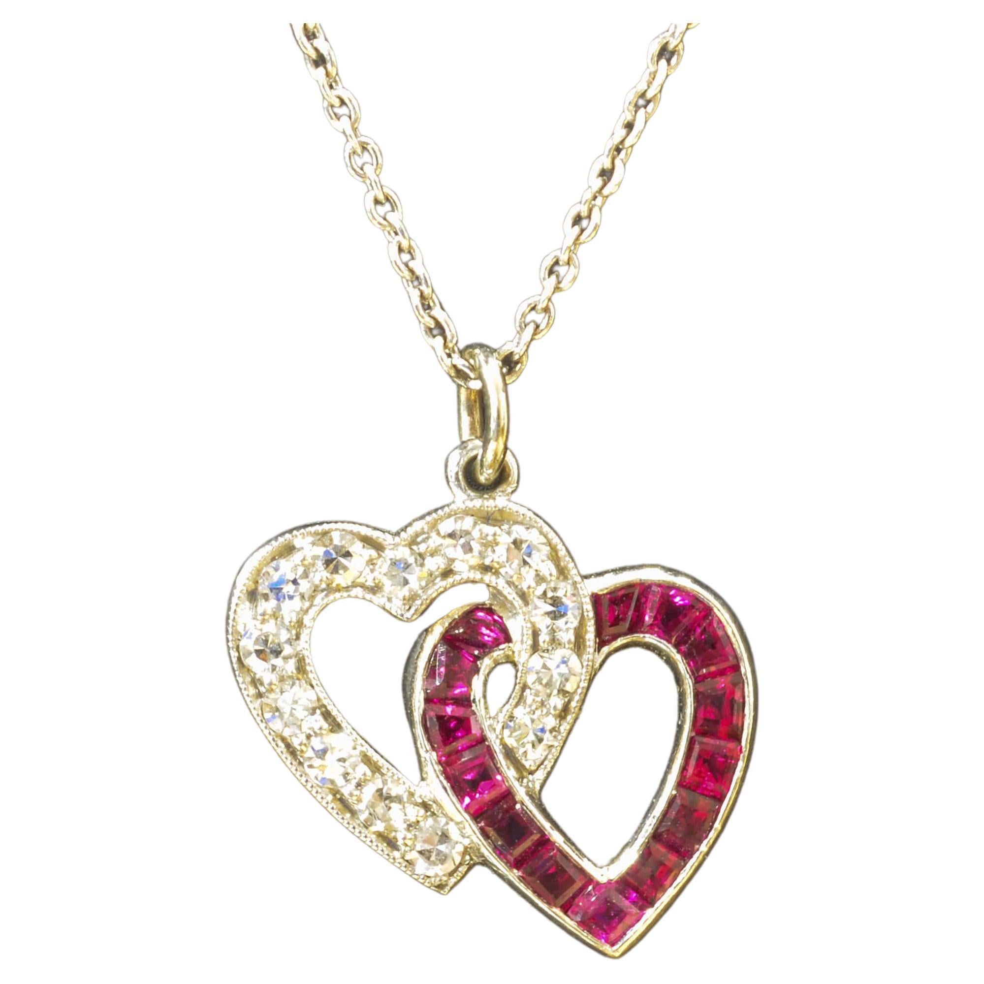 Platinum Diamond Double Heart Pendant on a White Gold Chain, J.E.Caldwell Co. For Sale