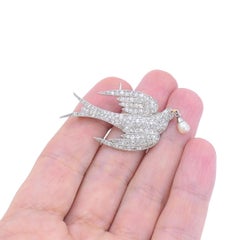 Platinum Diamond Dove Brooch Pendant with Pearl Drop