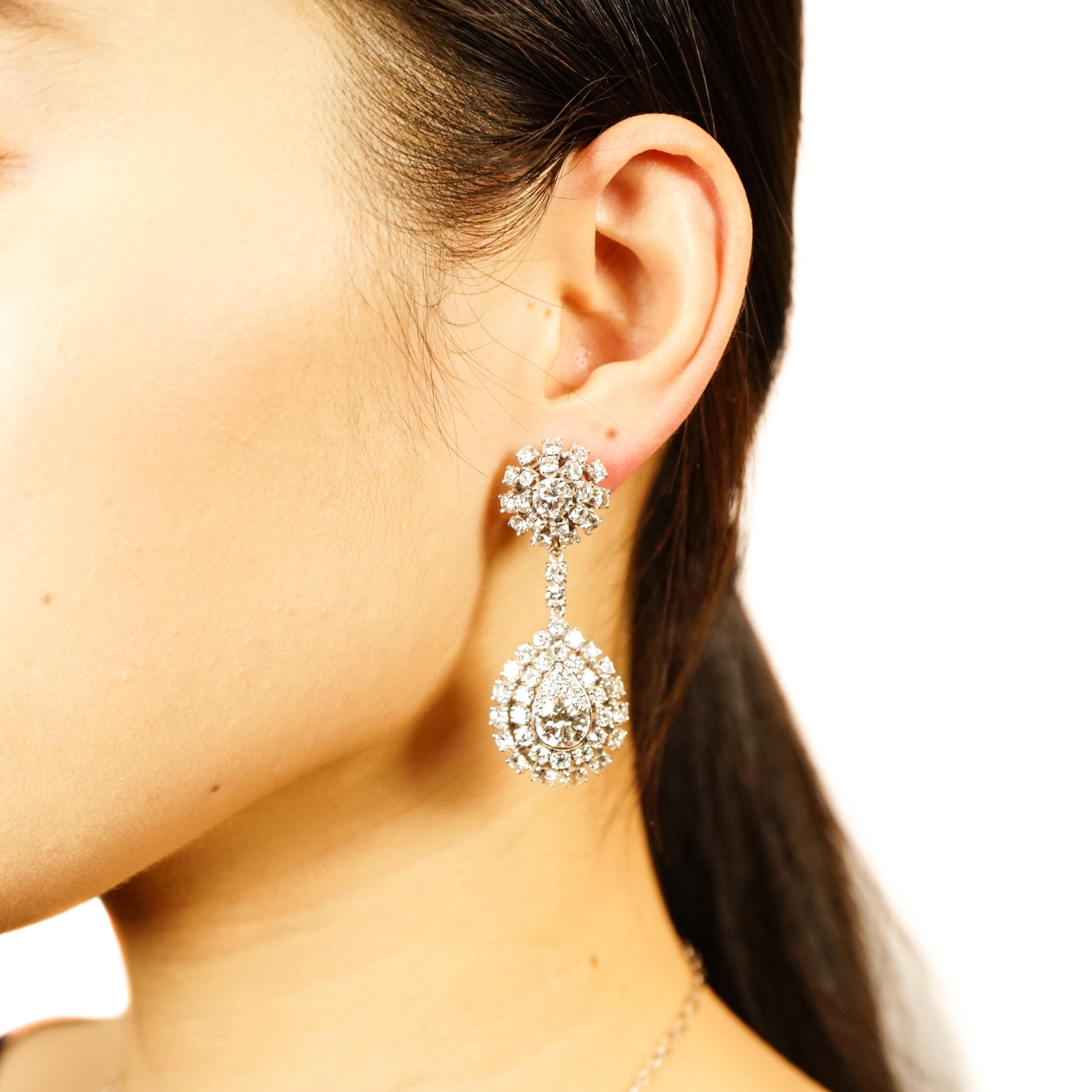 Round Cut Platinum Diamond cluster Drop Chandelier Earrings