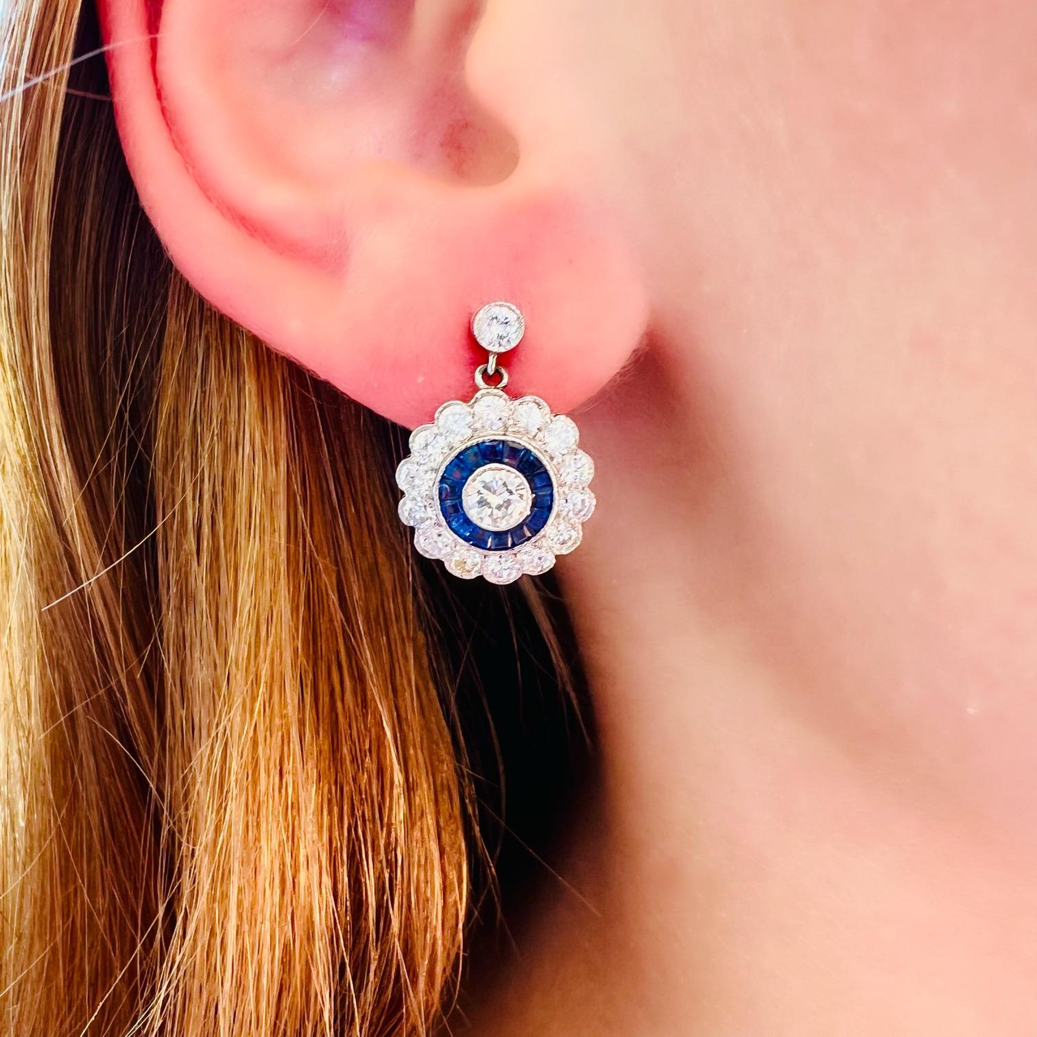 Art Deco Platinum Diamond Drop Earrings with Sapphire Halo For Sale