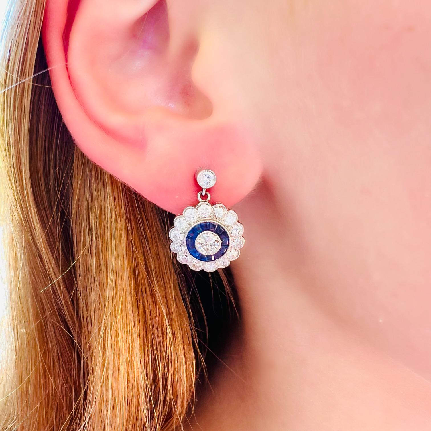 Platinum Diamond Drop Earrings with Sapphire Halo In Excellent Condition For Sale In San Francisco, CA