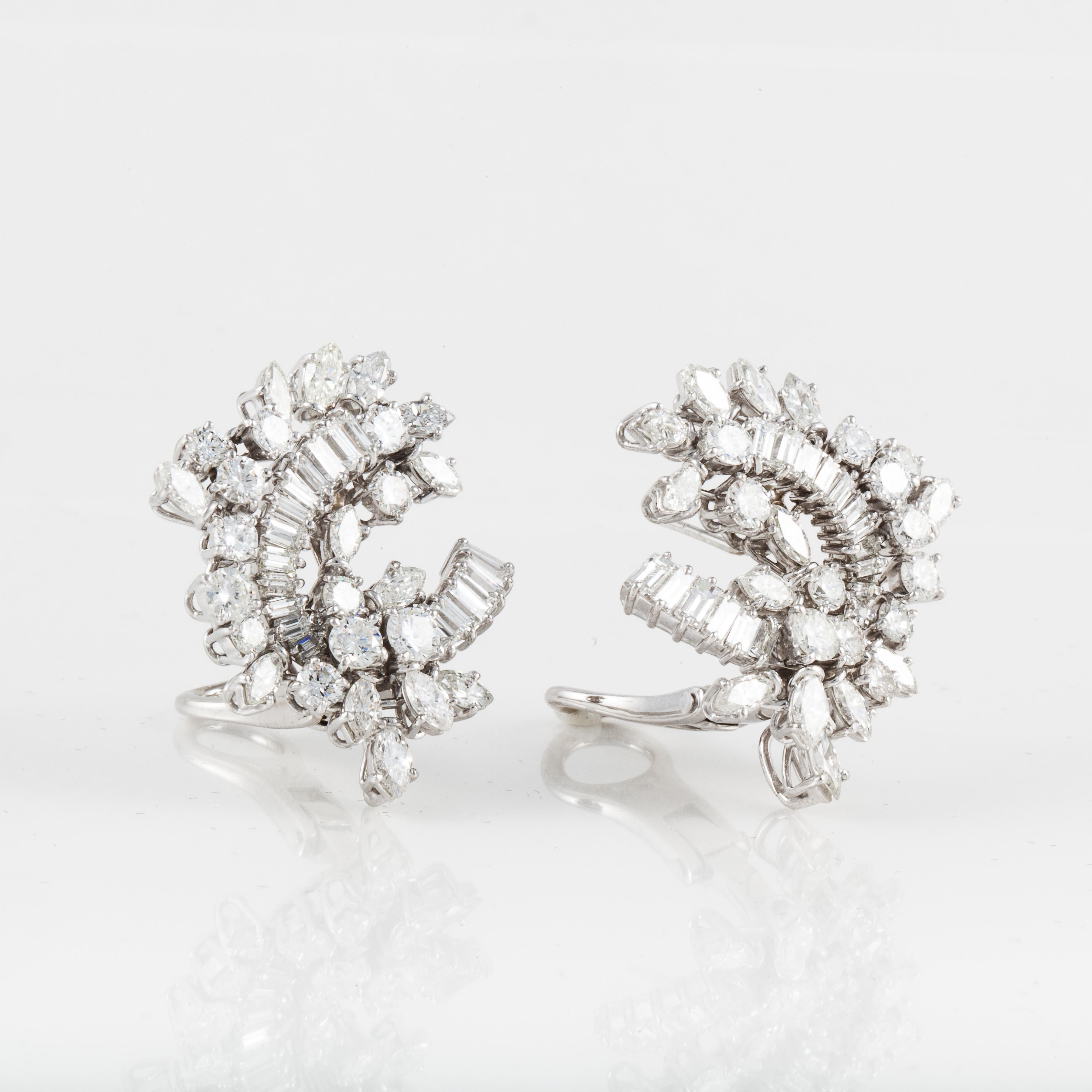 Mixed Cut Mid-Century Platinum Diamond Cluster Earrings For Sale